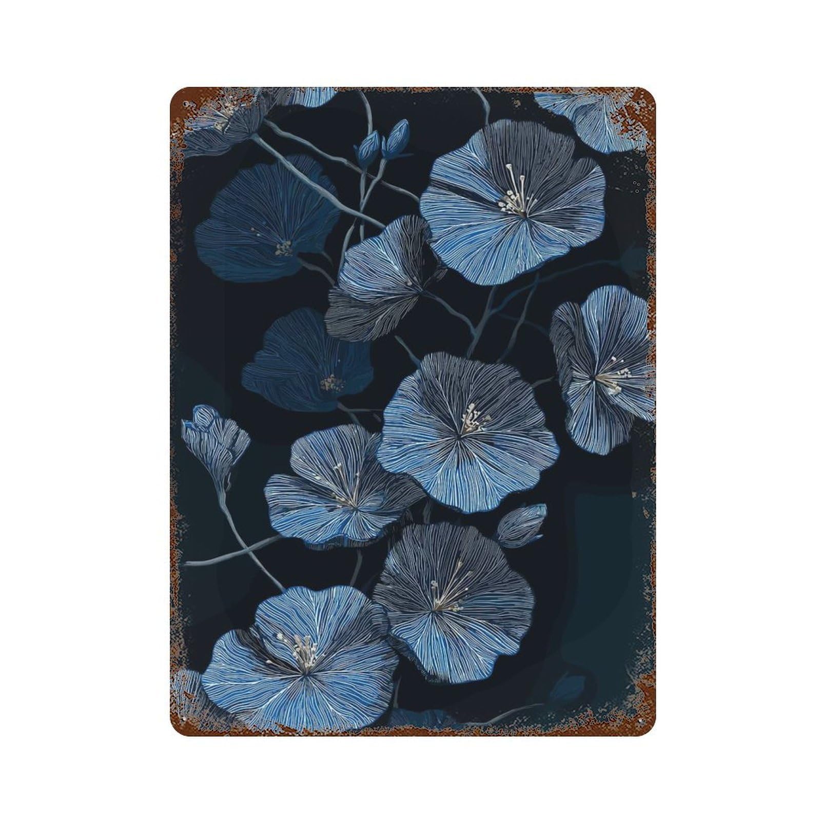 Distressed Metal Wall Sign with Blue Floral Pattern on Dark Background Design 15.7"x11.8", for Farmhouse, Kitchen And Entryway Decor, Old School Wall Decor