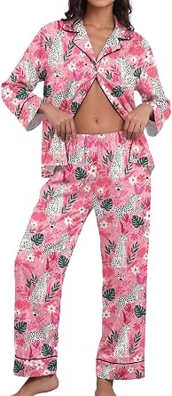 Brosloth Womens Silk Pajama Set Animal Print 2 Piece Button Up Satin Pjs | Animal print, soft, lightweight, satin nightwear, button down, long sleeve lounge set, notch collar, for party cozy home wear