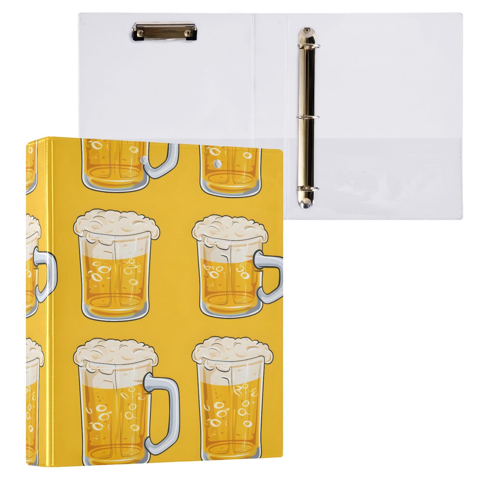 Raccoglitore a 3 anelli con stampa di birra in stile cartone animato, 3,8 cm, contiene 200 fogli con 3 tasche interne in PVC trasparente, per scuola e ufficio