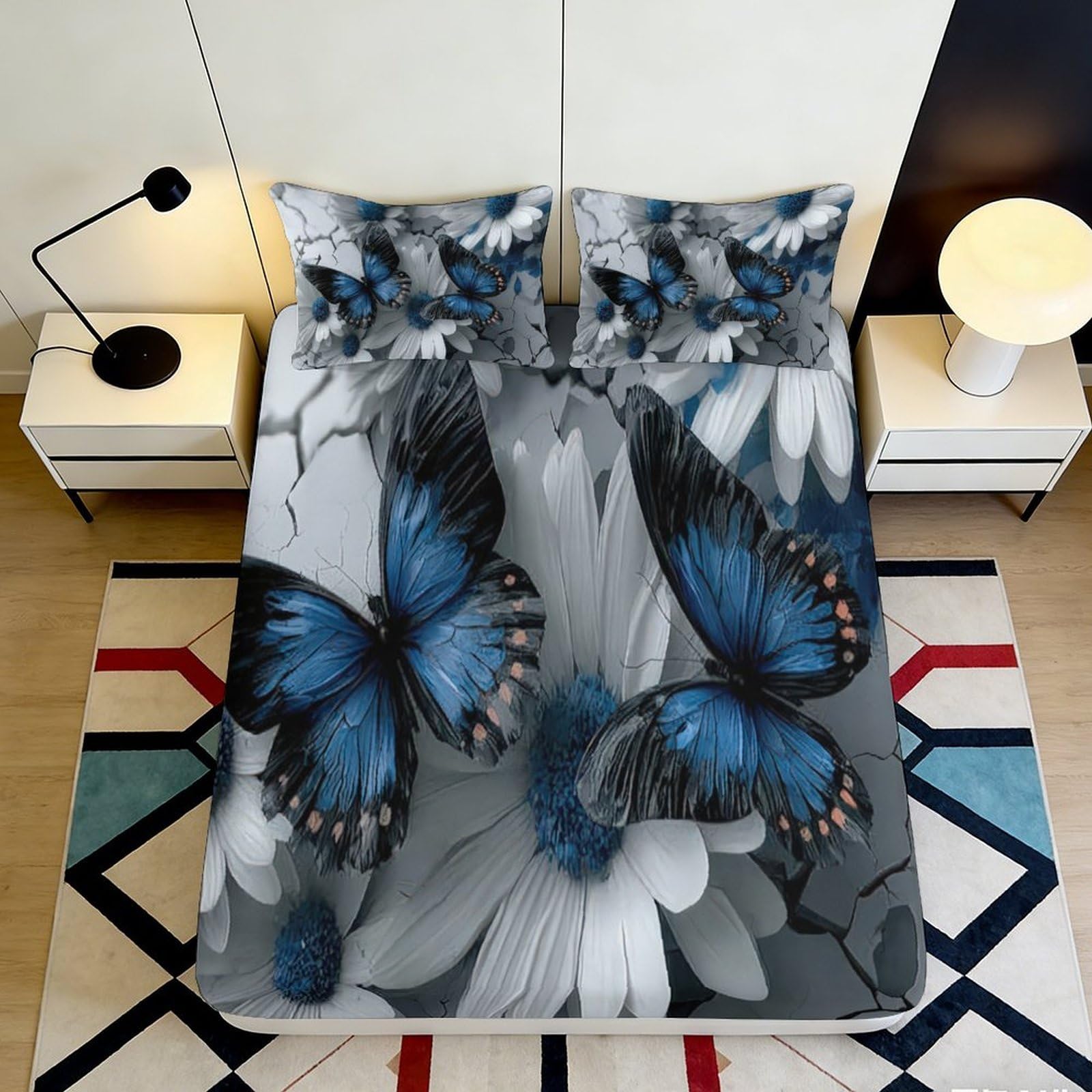3D Printed Blue Butterfly Fitted Sheet Microfiber Floral Mattress Cover Anti-Slip Machine Washable Bedroom Decor 120x200x25cm
