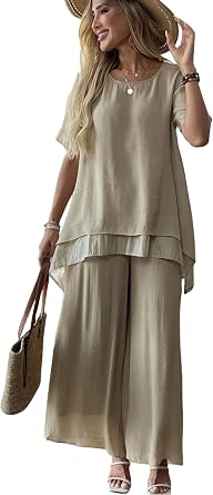 Womens 2 Piece Outfits Flowy Ruffle Tops Palazzo Pants Suits Elegant Casual Dressy Two Piece Linen Sets