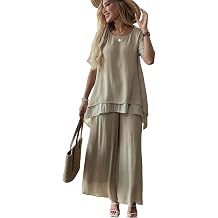 Womens 2 Piece Outfits Flowy Ruffle Tops Palazzo Pants Suits Elegant Casual Dressy Two Piece Linen Sets