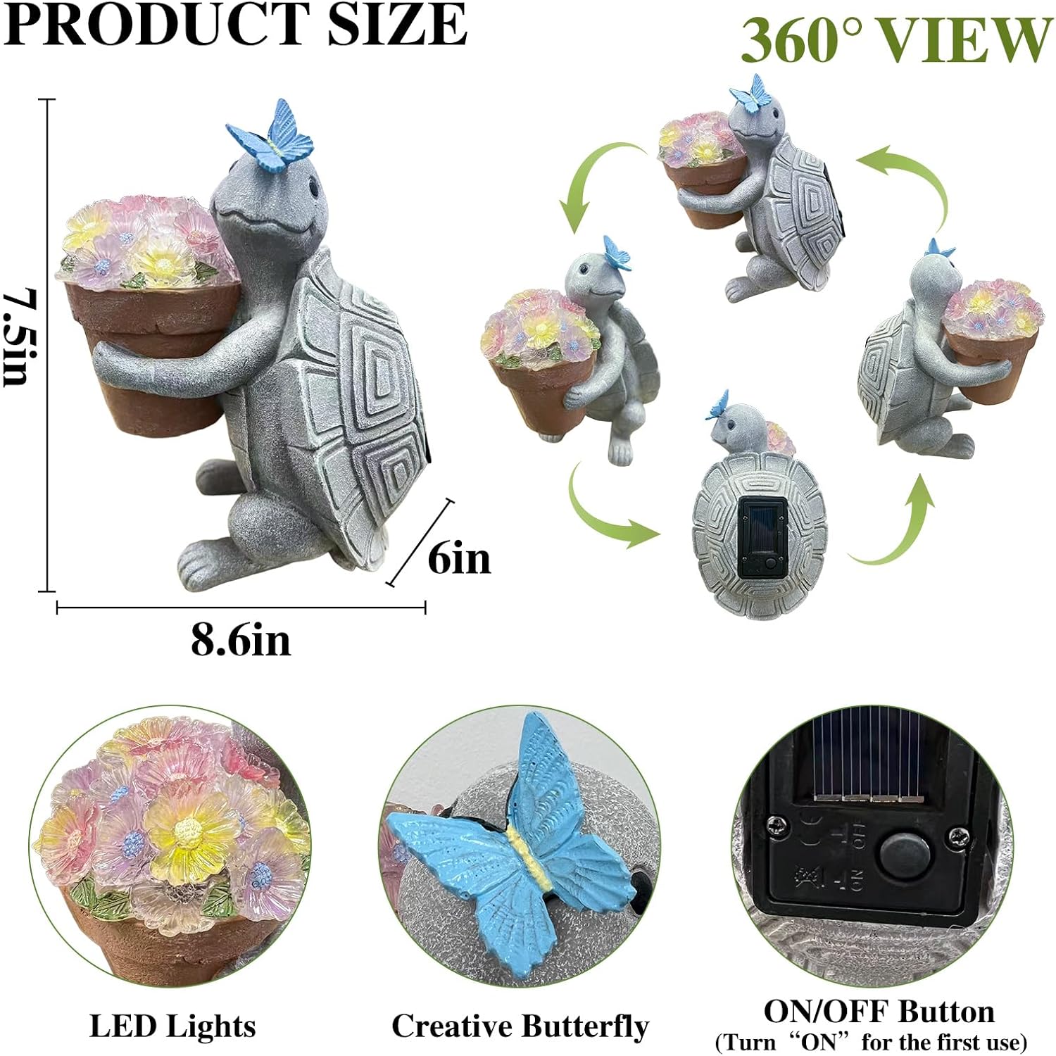 Solar Turtle Garden Statue with LED Light (6"W x 8.6"L x 7.5"H) – Cute Solar Garden Decor Outdoor Turtle Statue for Patio Yard Backyard Lawn, Turtle Decor Garden Statues, Unique Turtle Gifts