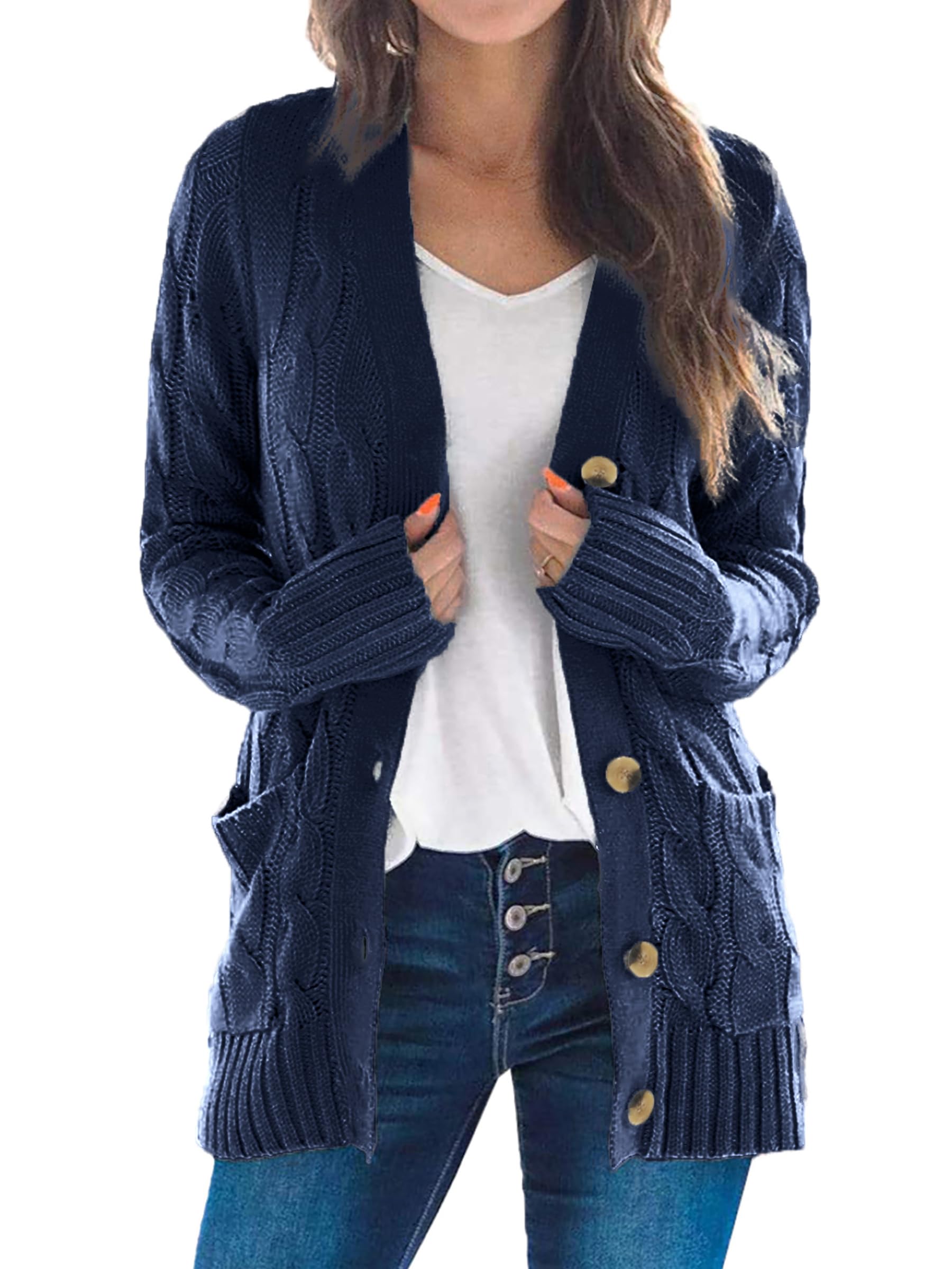 Uusollecy Damescardigan met lange mouwen, gebreid vest voor herfst en winter, casual, open voorkant, sweater met knoop, S-XXL, a-Blauw, XXL