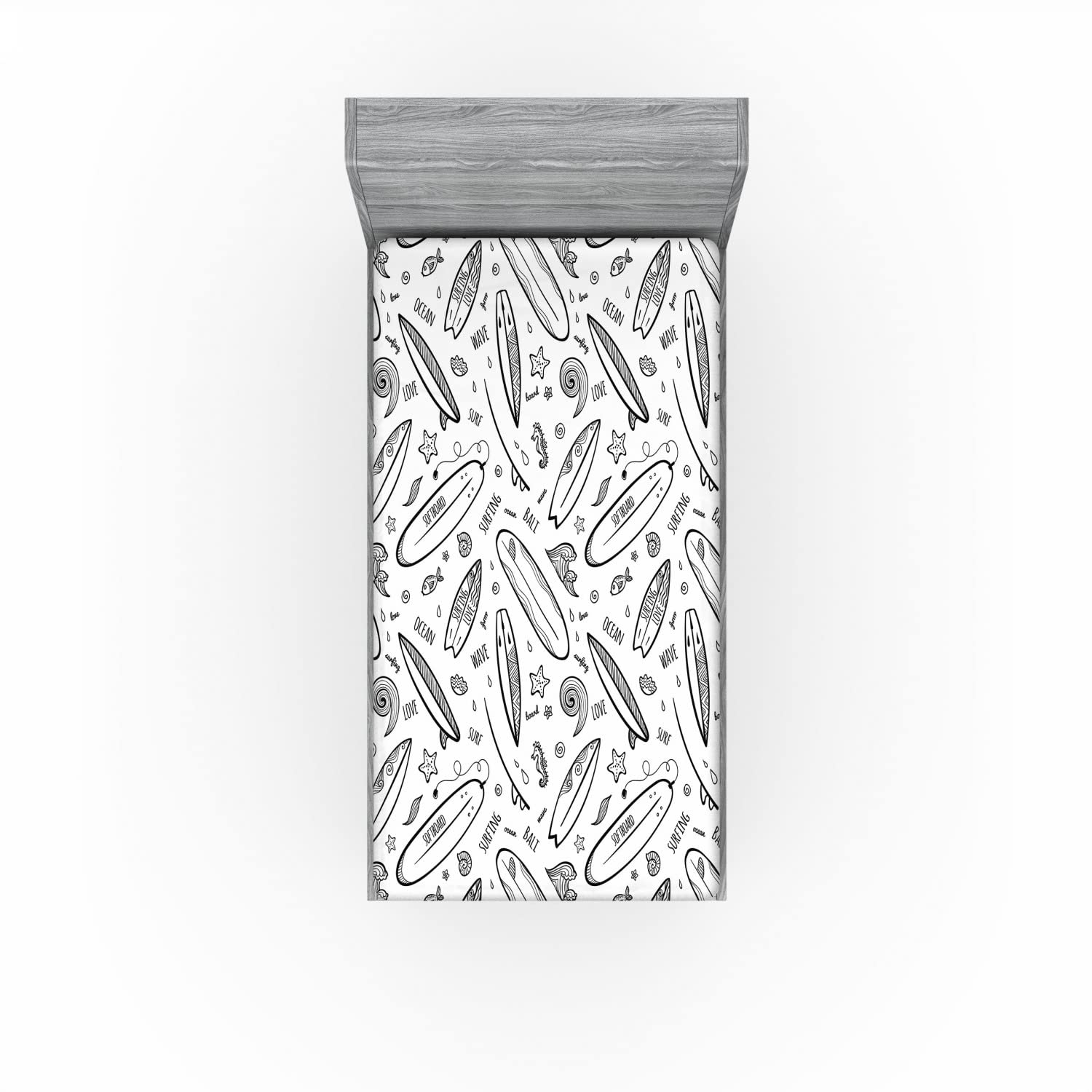 Ambesonne Surfboard 2 Pack Fitted Sheet, Monochrome Coastal, Bed Cover All-Round Elastic Deep Pockets 2 Pieces, Package Contains 2 Twin Size Fitted Sheets, Black White