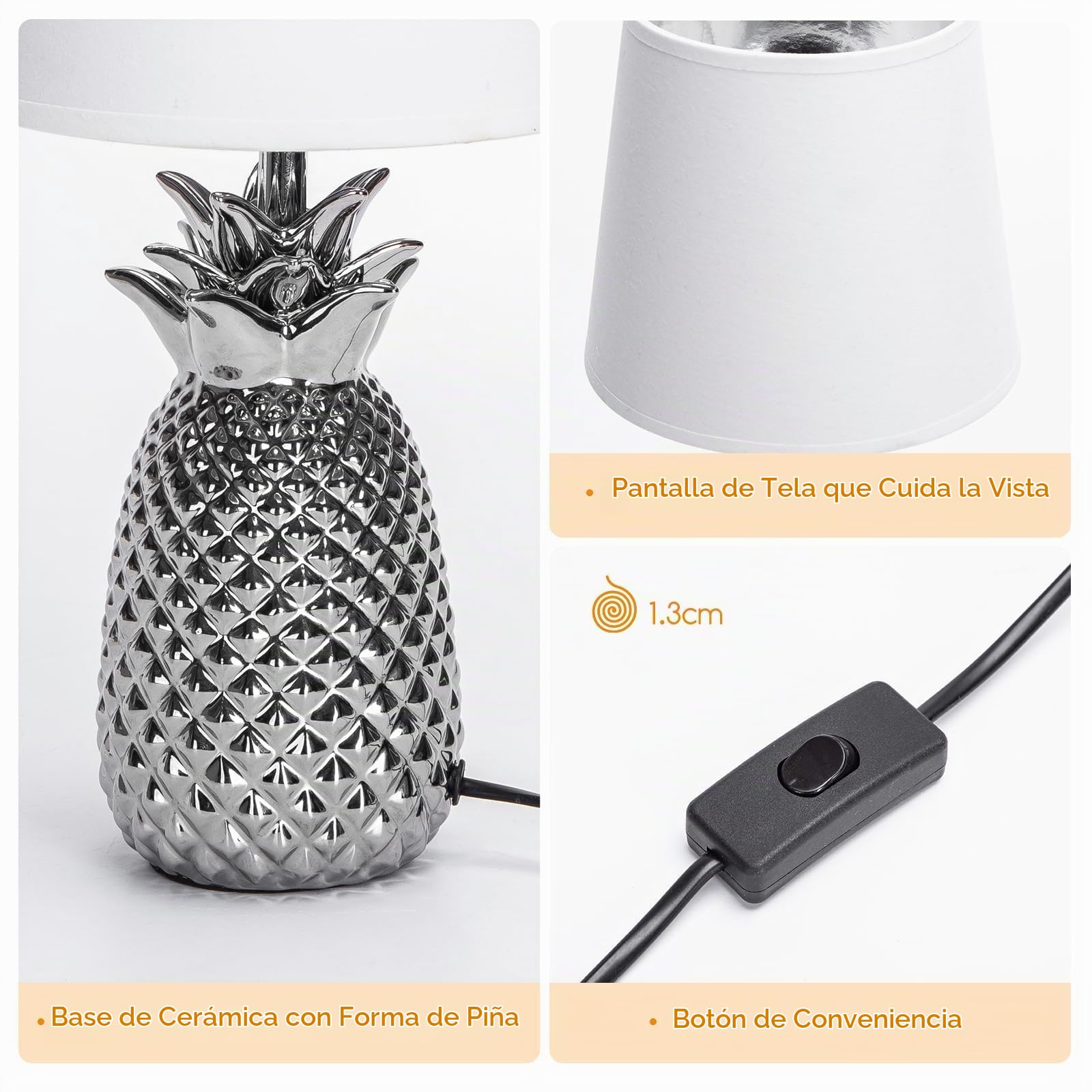 Aigostar 197209 - Lámpara de Cerámica, casquillo E14. Forma de piña, Plateado. Lámpara de Mesa o Mesita de Noche, Pantalla de Tela, Lámpara Escritorio Diseño moderno para Dormitorio, Estudio, Salón