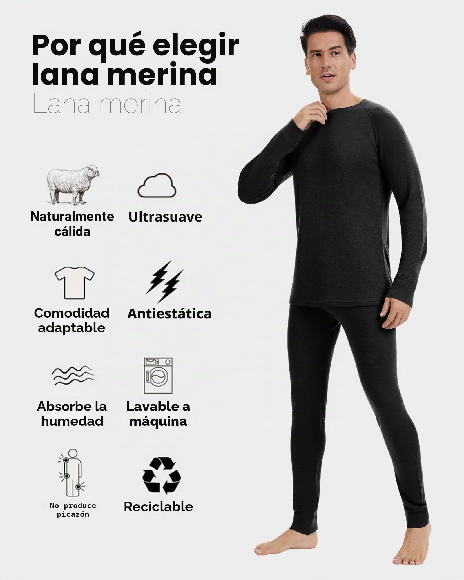 Juego de ropa interior térmica para hombre, 100 % lana merino, ropa interior ligera y funcional de esquí, ideal para invierno y exterior, 190 g/m²