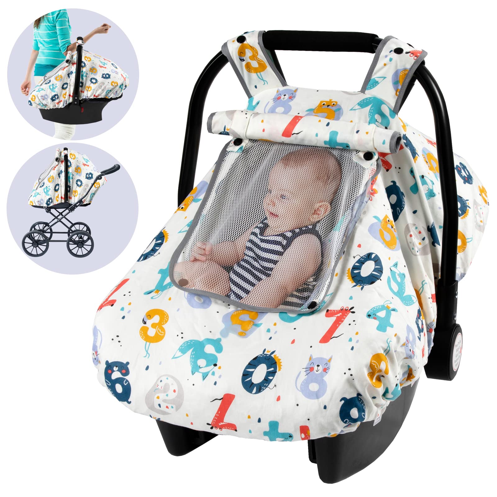 SMTTW Baby Car Seat Cover - Universal Fit, Snug, Breathable, Canopy for Boys/Girls, Ideal for All Seasons (Numbers)