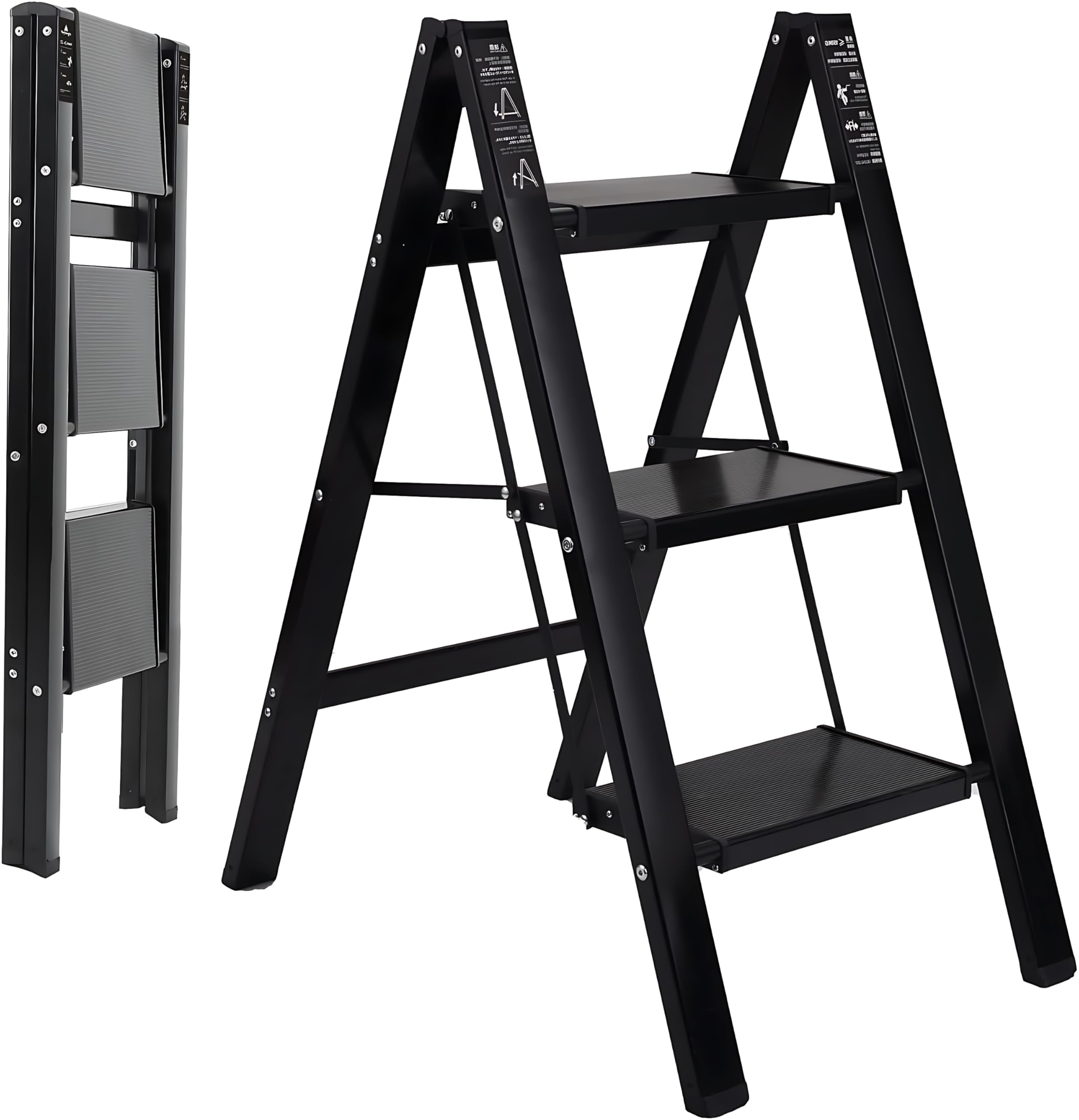 GION Portable Folding Step Ladder with 3 Wide Steps – Anti-Slip Design - Lightweight & Easy to Store, Ideal for Home, Cleaning, Bookshelves & More – Holds Up to 150kg – Black (1Pcs)-image-38