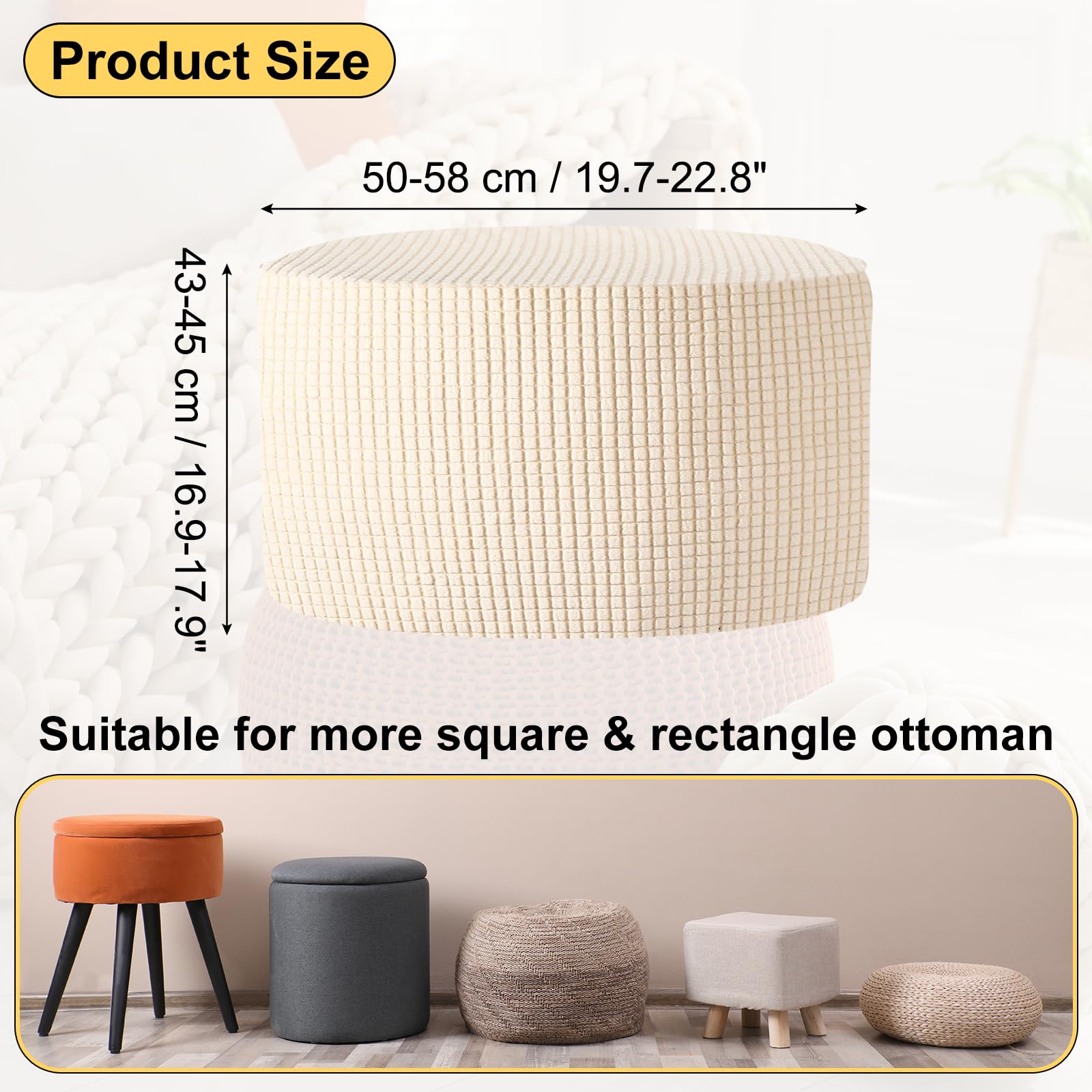 QUARKZMAN Funda Redonda para Otomana, Funda para Otomana De Jacquard con Borde Elástico Ajustable para Diámetros De 50cm-58cm/19.7"-22.8", Funda Elástica Protector De Muebles, Color Natural