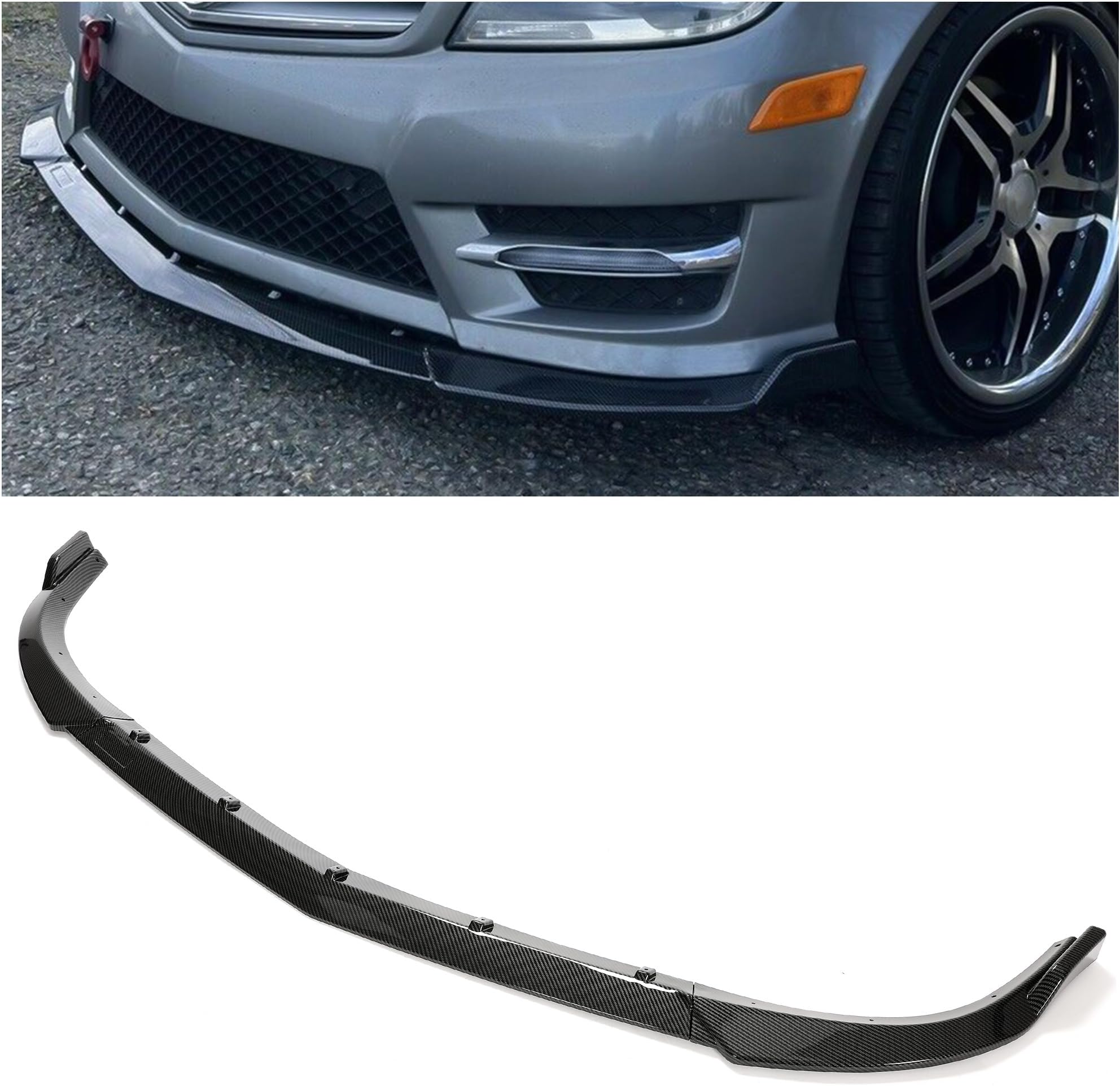 KUAFU 3Pcs Front Bumper Lip Splitter Compatible with 2012-2014 Mercedes Benz W204 C180 C200 C220 C250 C300 Sport Models Under Chin Spoiler Air Dam (Carbon Fiber Style)