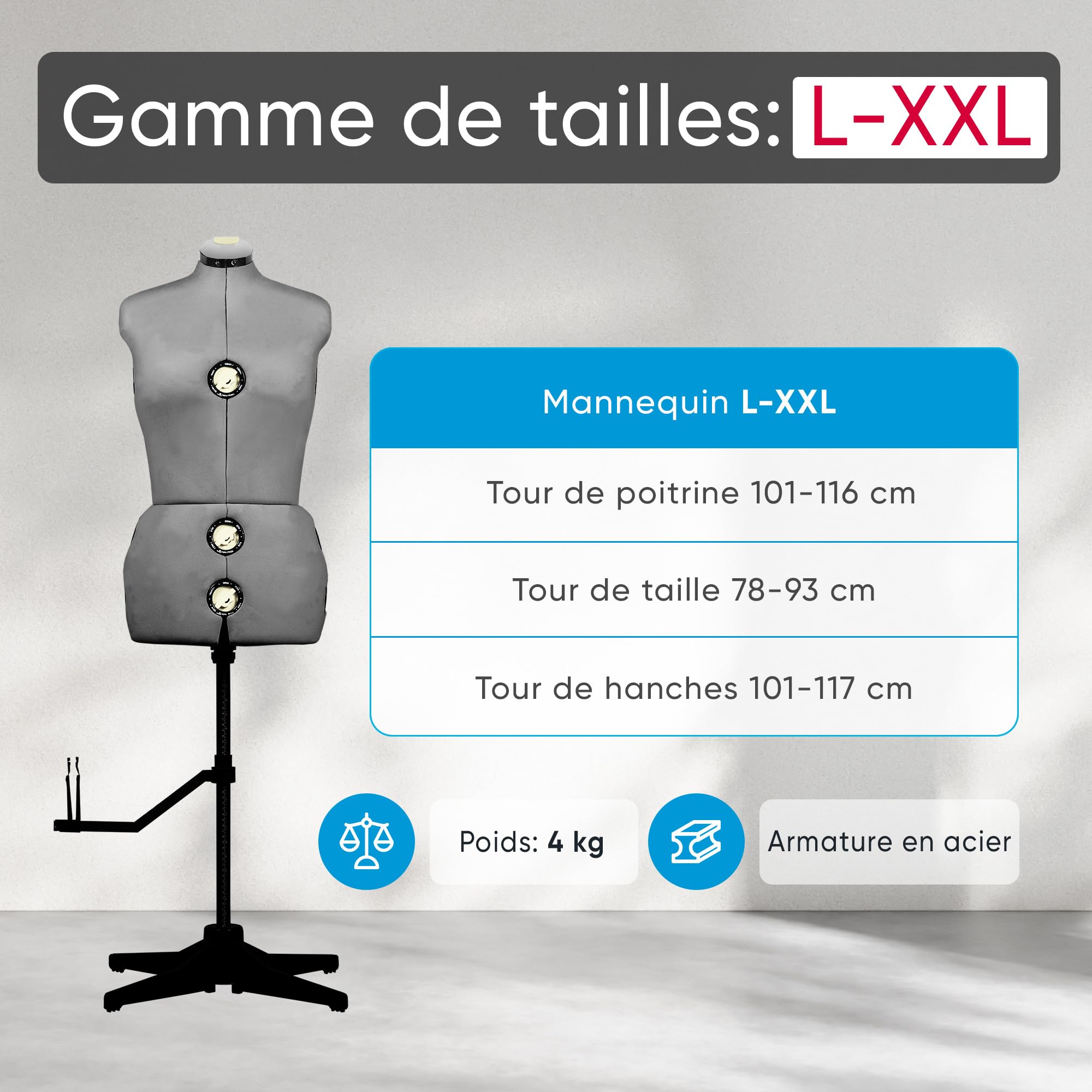 Mannequin Couture Femme EFFEKTIV - Réglable L-XXL (44-52) - 13 Paramètres - Base Tripode - Grise
