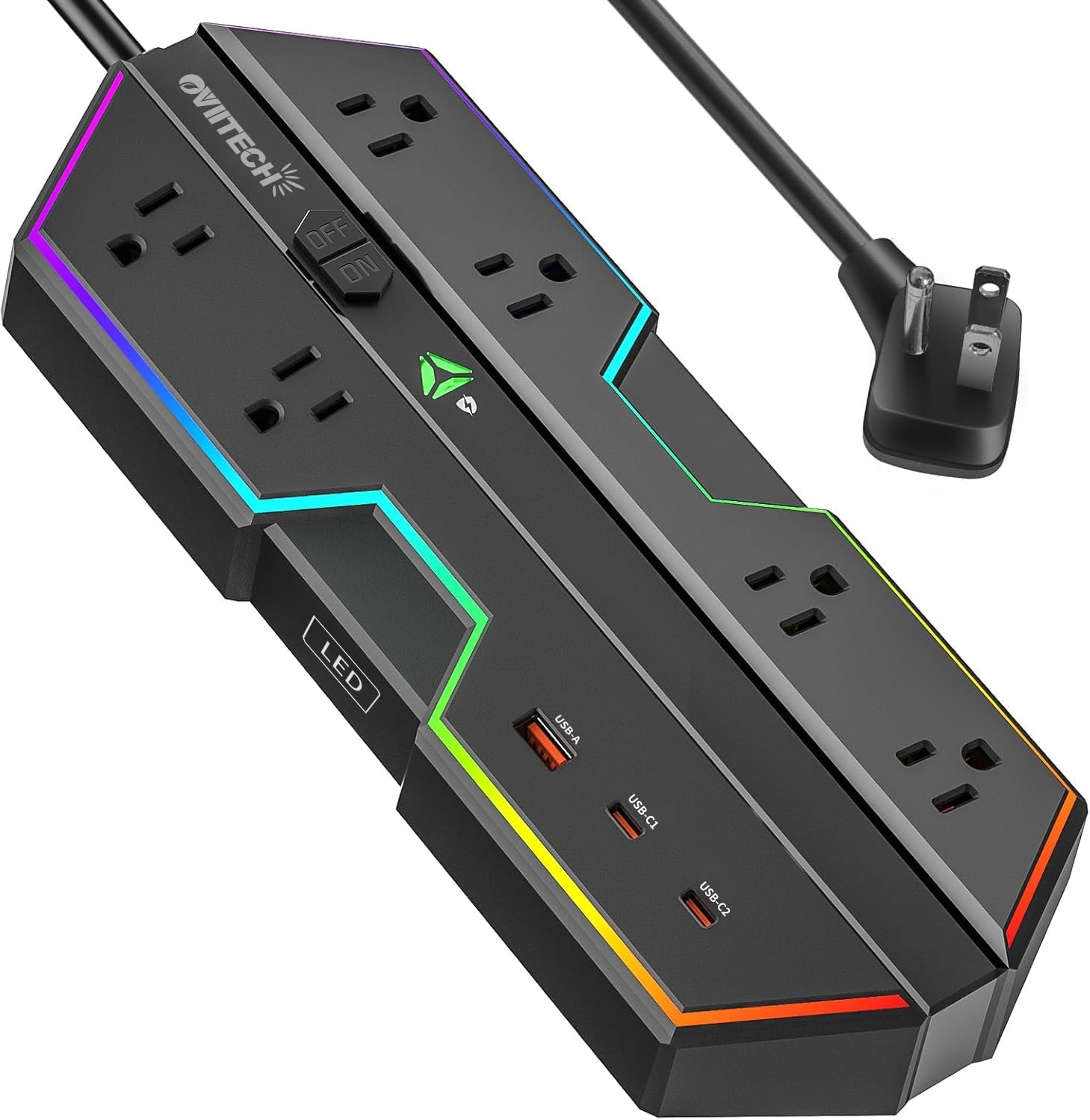 6 Outlet Surge Protector with USB Power Strip (2 USB-C) 6 Ft Extension Cord, with Full Spectrum Color Select,Compatible with Gaming PC,Black (65W)