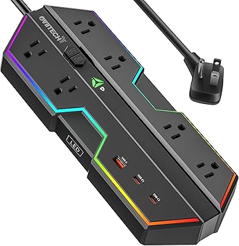 PD 65W Fast Charging 6 Outlets Surge Protector Power Strip with 3 USB Ports, Wide-Spaced Outlet with RGB Lights, Compatible with Gaming PC, Home and Offices, 6 Ft Extension Cord, Black