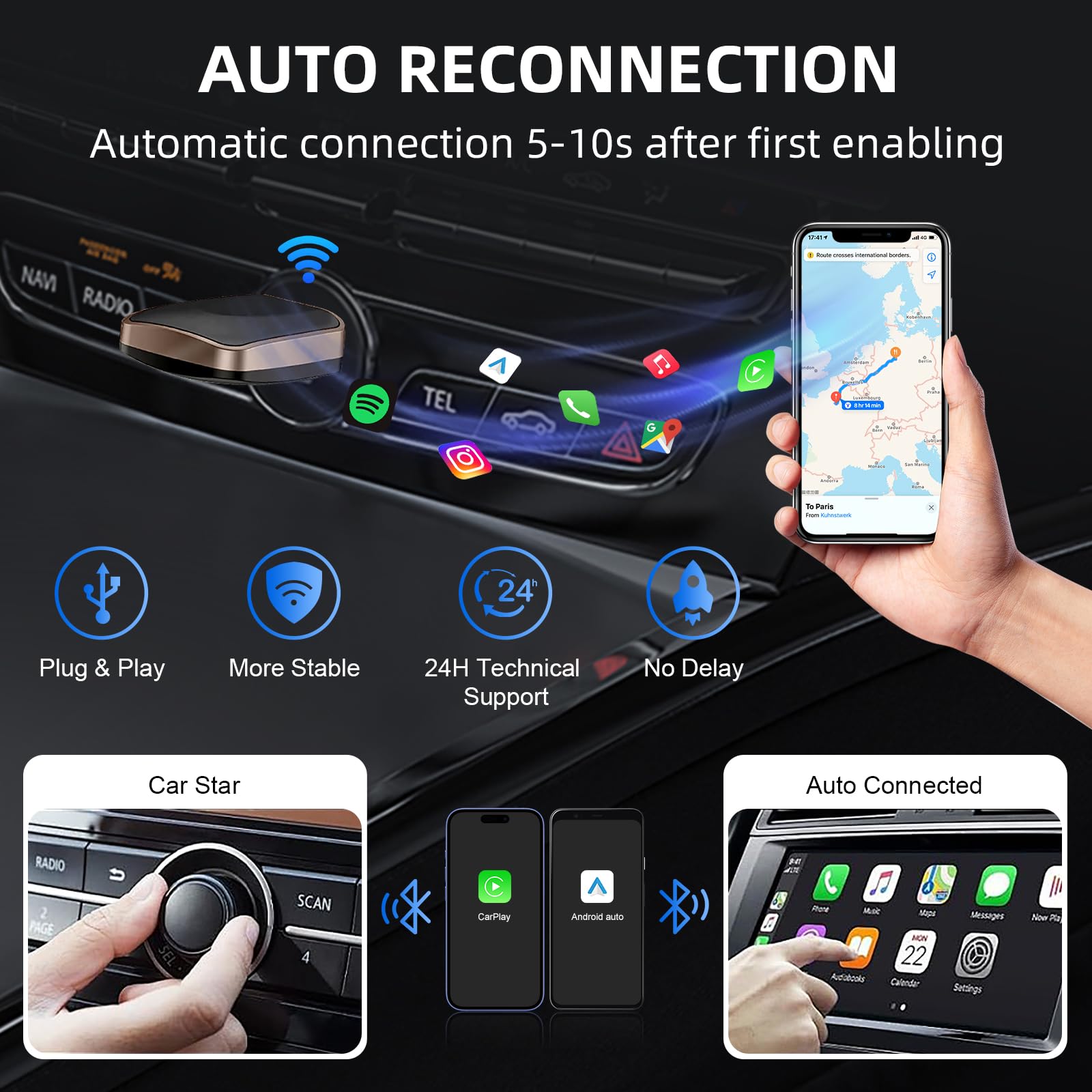 Ezonetronics Adattatore Carplay Wireless e Android Auto, Converte Carplay Cablato in Wireless 2-in-1 Plug & Play USB C/A,Mini e Stabile 5,8 GHz WiFi Bluetooth Compatibile con iOS 10+/ Android 11+