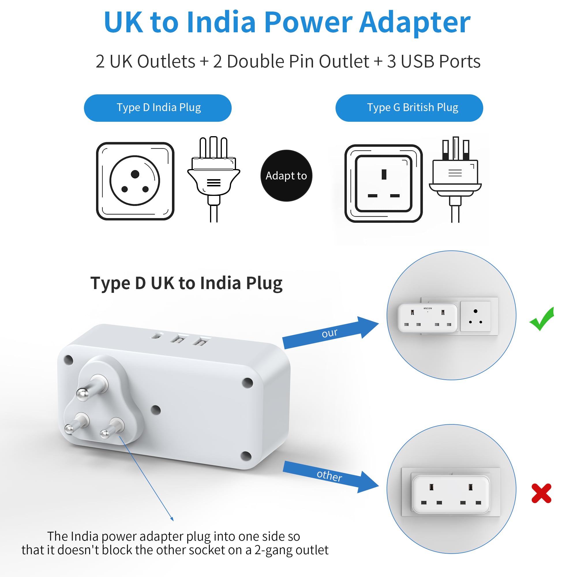 UK to India Plug Adapter, MSCIEN India Travel Adapter with 3 USB (1 USB C), Grounded Charger Travel Adaptor Plug UK to India - Image 4