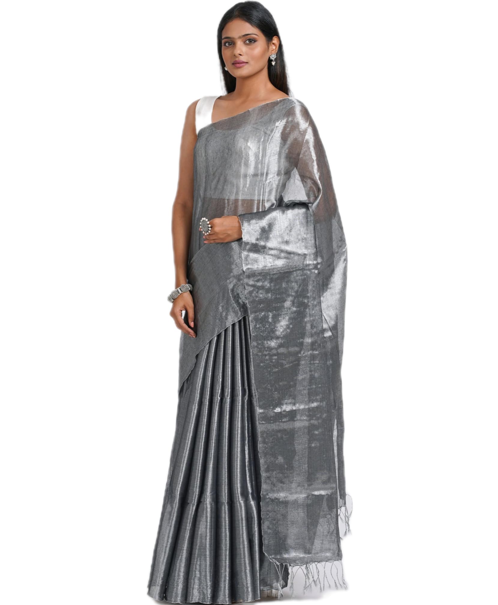 Elegant Silver Grey Tissue Silk Saree, Pleated Design, Traditional Indian Wear, Metallic Finish-image-37