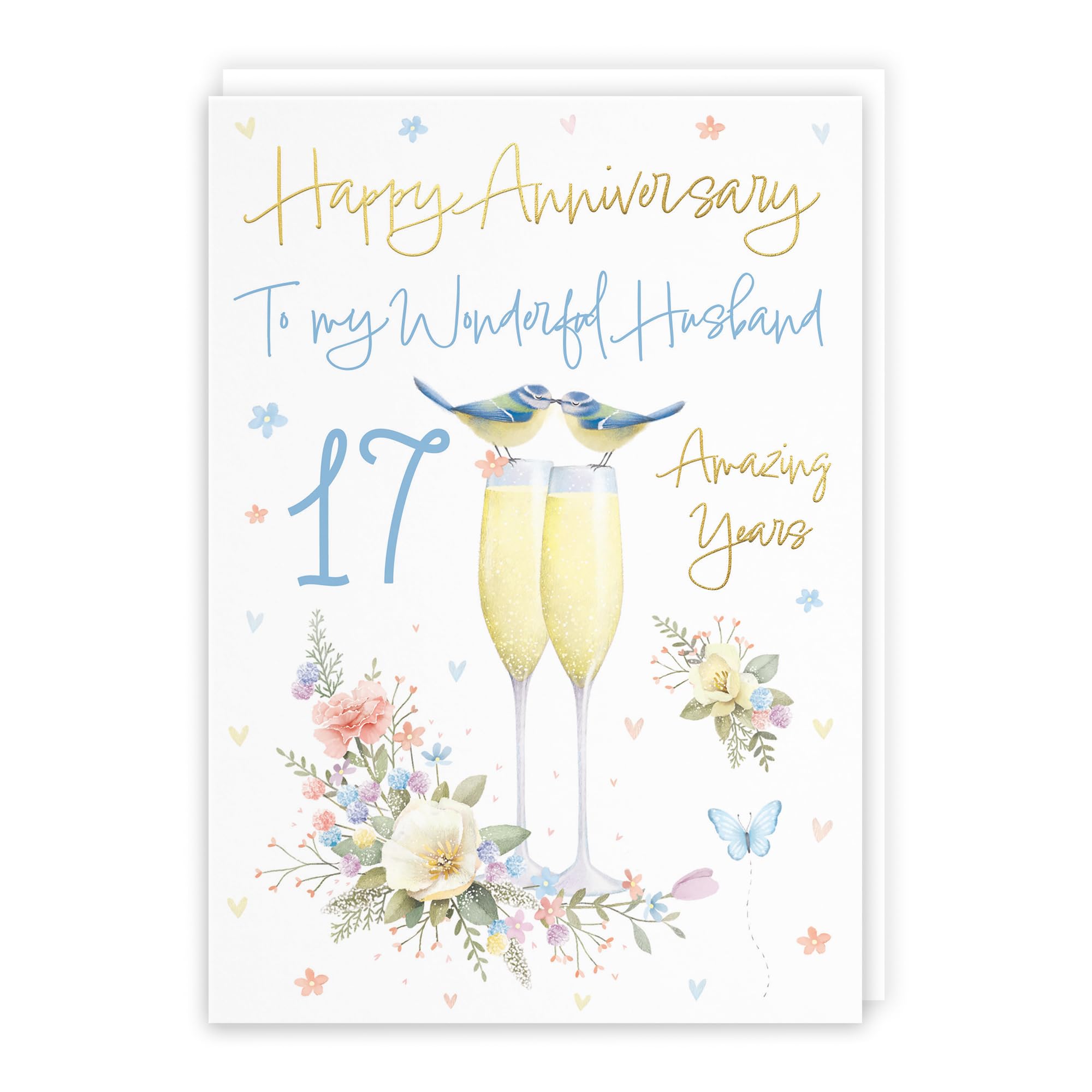 Hunts England, Husband 17th Anniversary Card, A5 Size, Champagne Flutes, Gold Foil, 17th Anniversary Card For Husband