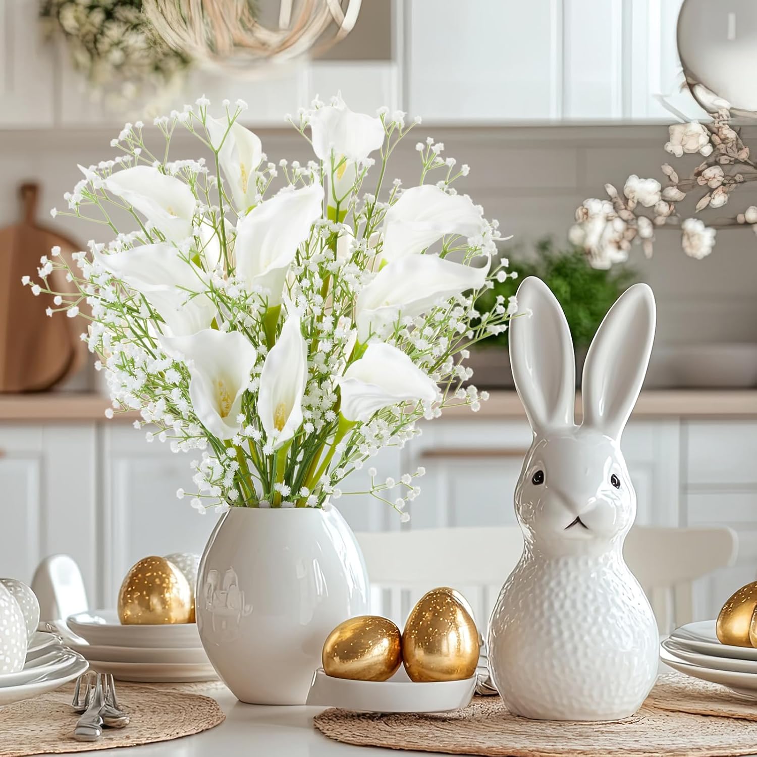 Hoteam 20 Pcs White Calla Lily and Baby's Breath Artificial Flower Bouquet, Lifelike PU Faux Floral Arrangement for Wedding Centerpieces, Dining Table & Modern Home Office Decor