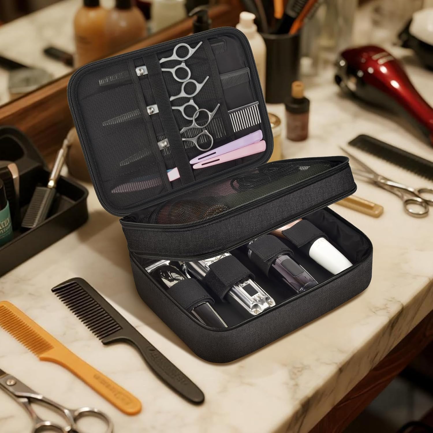 Hair Clipper Case Barber Bag Double Layer Large Capacity Organizer for Clippers, Guards, Scissors & Accessories, with Transparent Pouch (Box Only) (BLACK, MEDIUM)
