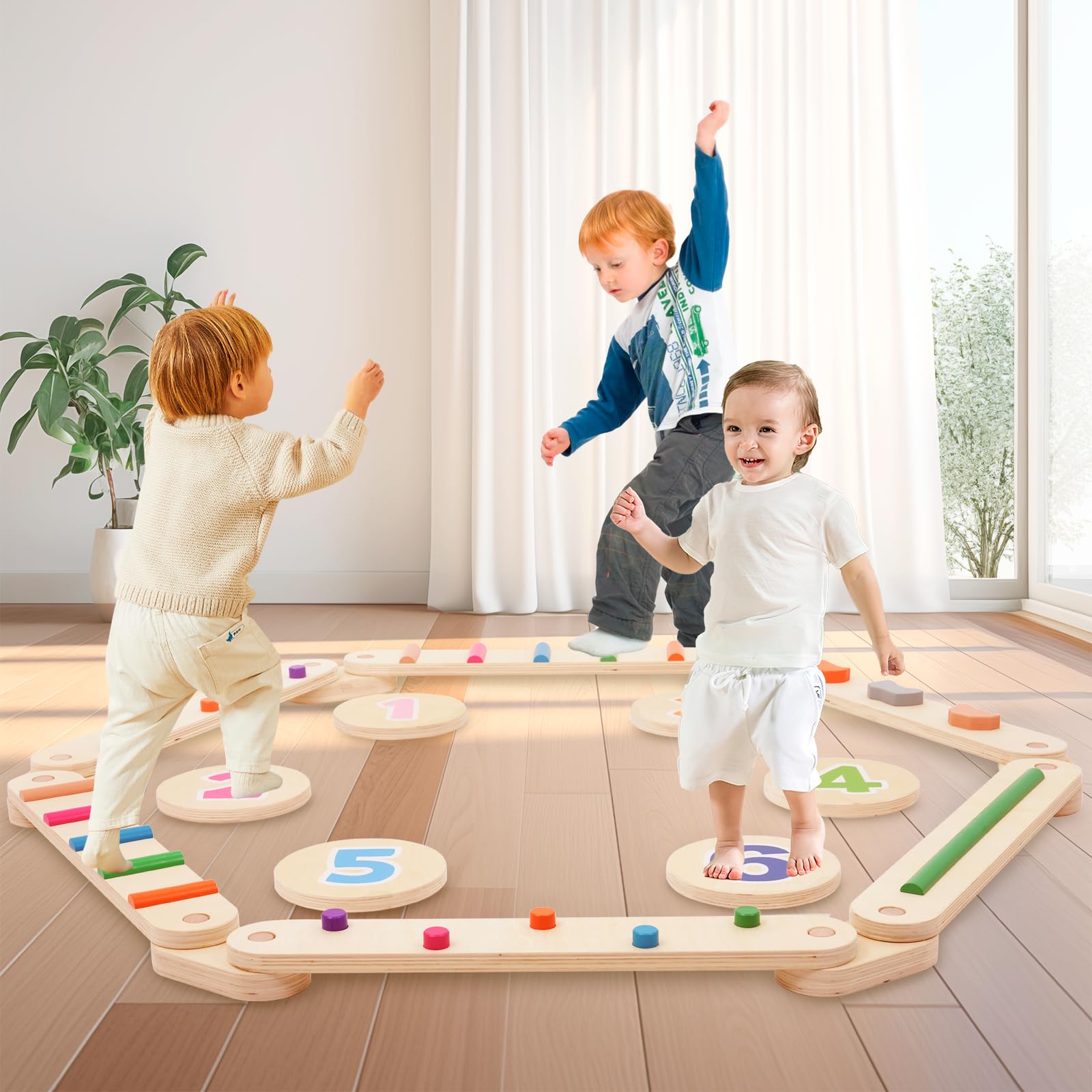 Siairo Wooden Balance Beam Set for Kids 3-6, 6 Pcs Montessori Balance Beam with Stepping Stones, Training Equipment for Indoor Outdoor (Natural)