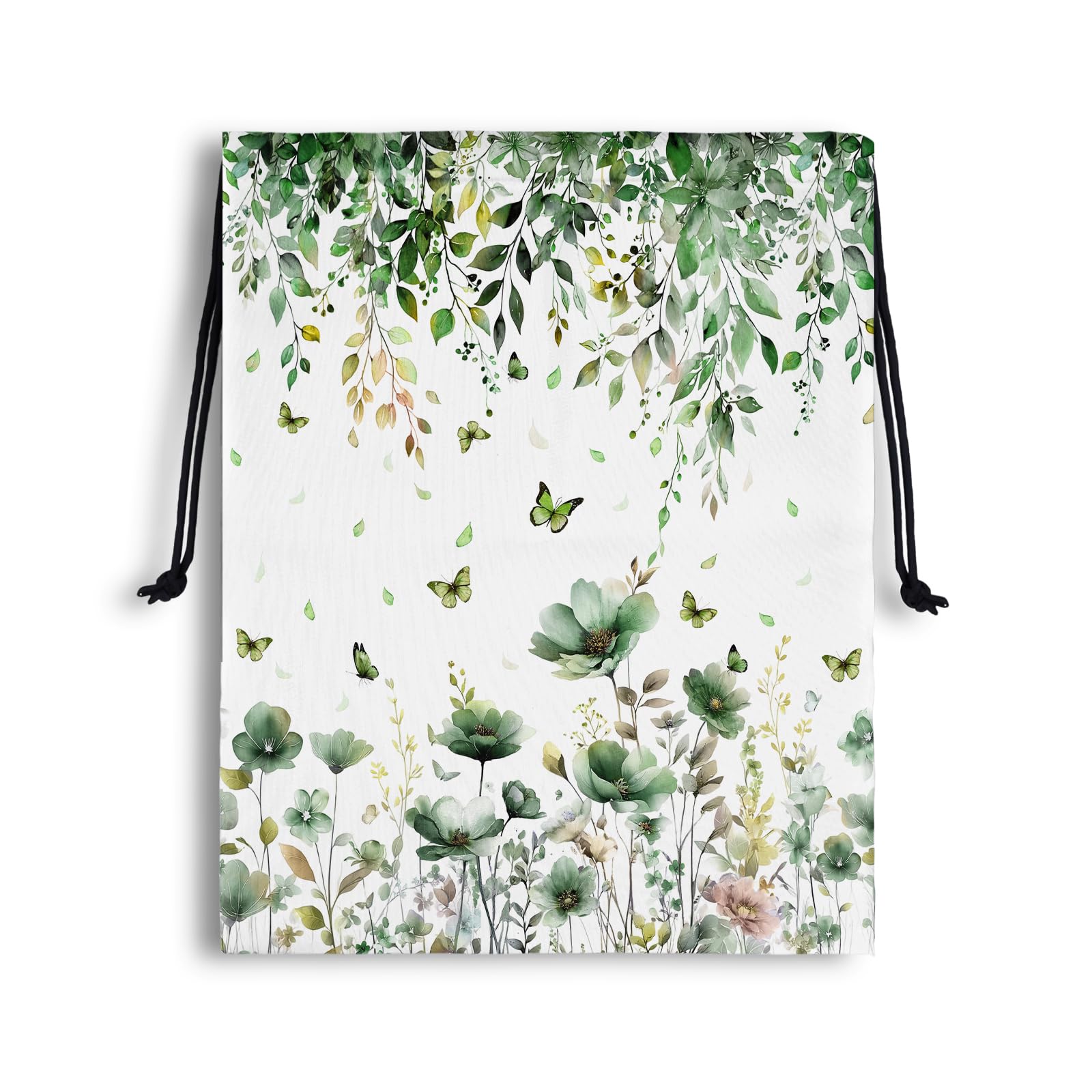 Green Floral Drawstring Bag Butterfly Print Gym Pouch Bags for Storage Cloth Shoes