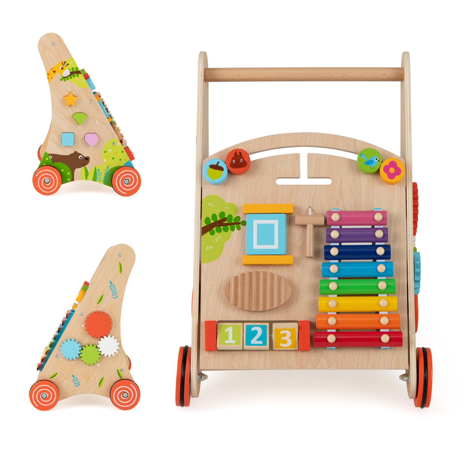 LIFEZEAL Girello Neonato in legno, Primi Passi per Bambini con Giocattoli Montessori, Carrello Primi Passi con Ruote, Gioco per Camminare, Carrellino con Banco da Lavoro per Bimbi da 12 Mesi (B)