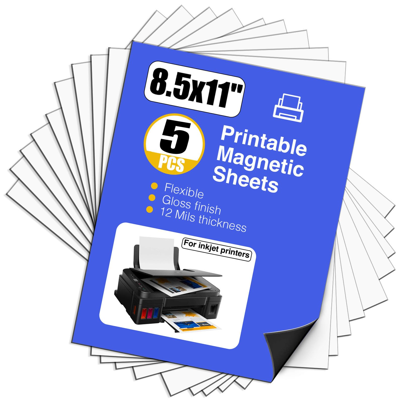 JINGZHAN Printable Magnetic Paper,Non Adhesive,12 mils Thick Magnet Glossy Sheets for Inkjet Printer in Office,5 Sheets Flexible Magnetic Printer