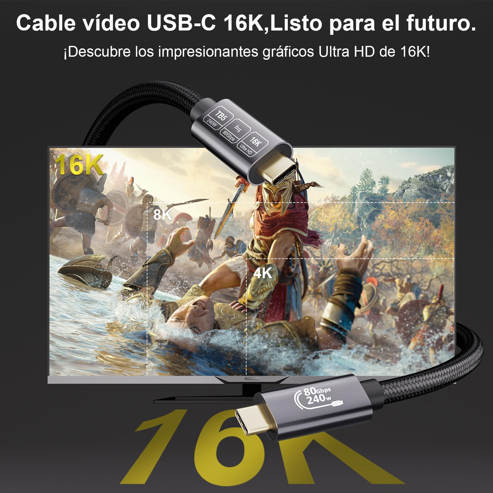 Cable USB C Thunderbolt 5 80Gbps 3m, 120Gbps ancho de banda de vídeo, PD 3.1 240W, vídeo 16K@30Hz 8K@60Hz, 12-bit profundidad de color Compatible con Mac mini M4 Pro, Thunderbolt 4, eGPU