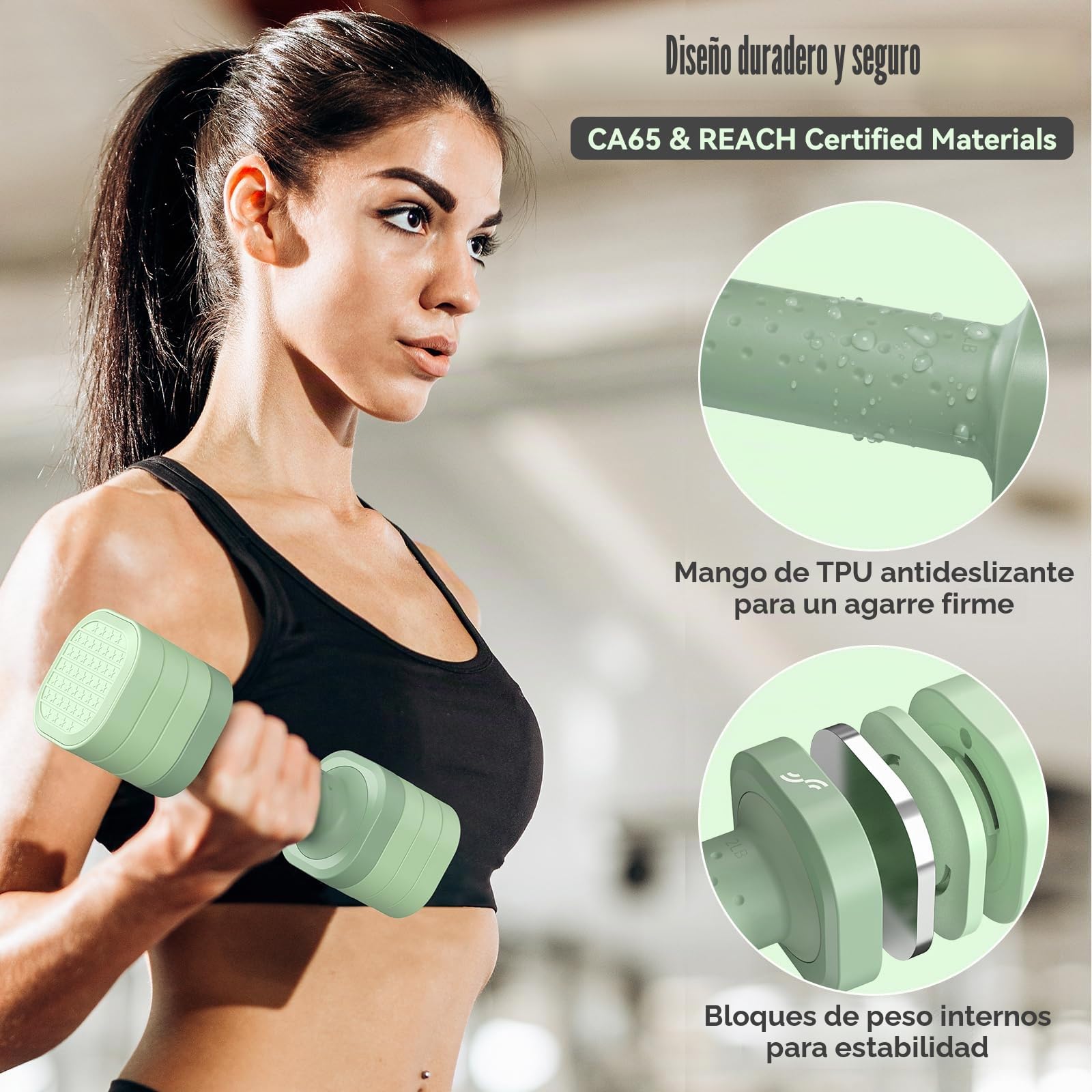 Sportneer Juego de mancuernas ajustables para mujer, par de mancuernas de 0.9 a 2.3 kg, juego de mancuernas 4 en 1, pesas compactas para mujeres, gimnasio en casa, entrenamiento de fitness (verde)