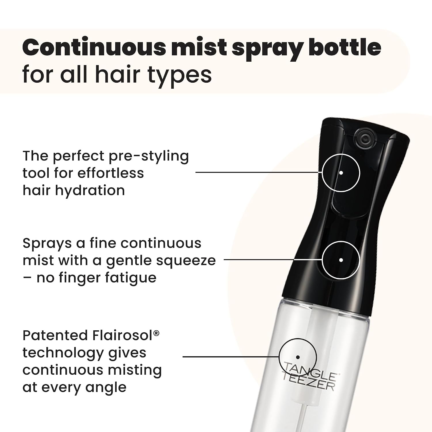 TANGLE TEEZER Fine Mist Spray Bottle, Refillable, 10.1 oz, Black | Reusable, refillable fine-mist continuous spray bottle; evenly distributes water or product to refresh, detangle & style hair