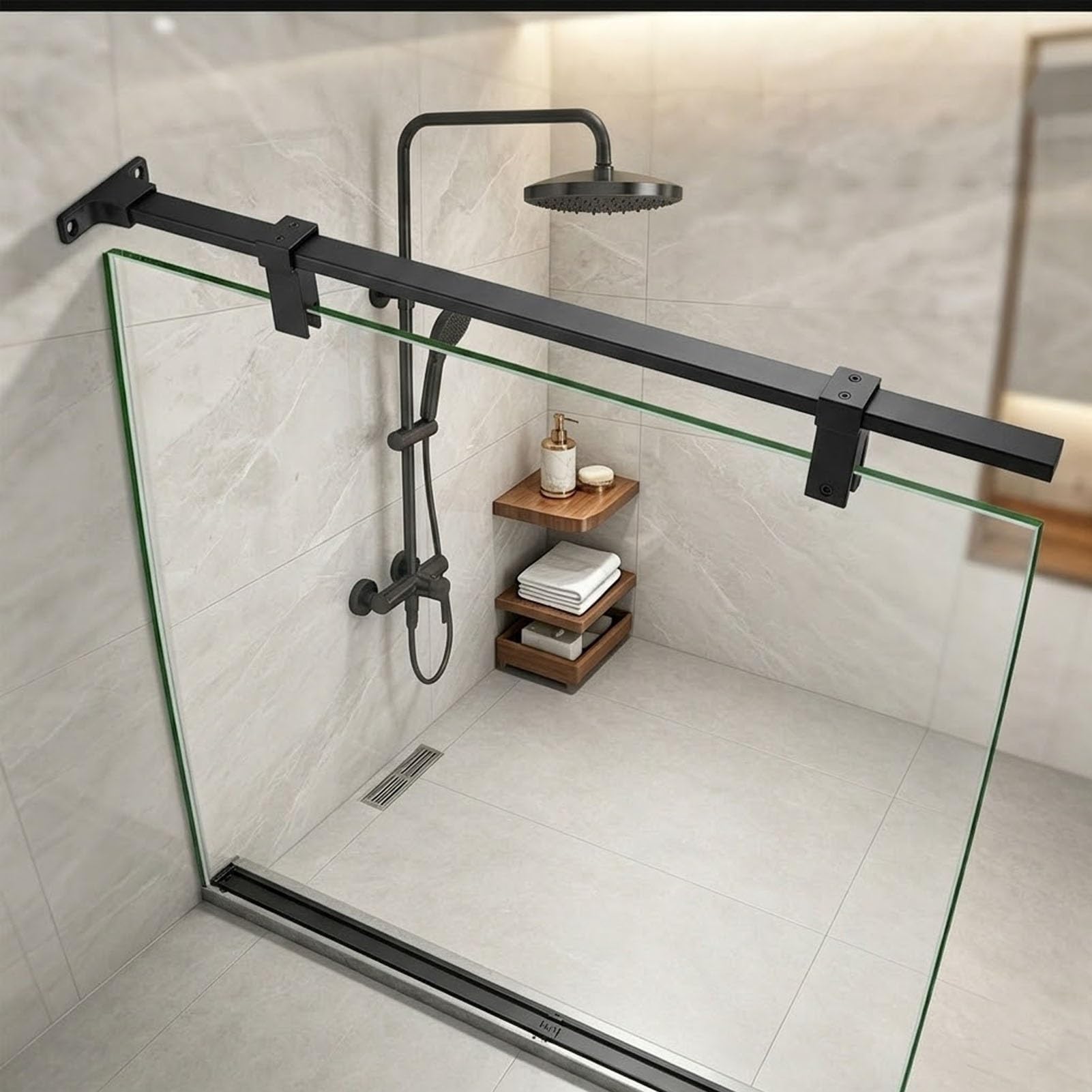 Barre de fixation paroi douche 80 cm contre vibrations verre noir mat inox 304
