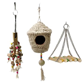 Jainsons Pet Products? Bird Nest for Outside, Resting Place for Birds, Hanging Natural Grass Bird Nest, for All Type Small Bird House Handcrafted Hut - House (HUT NEST with Toys Combo)