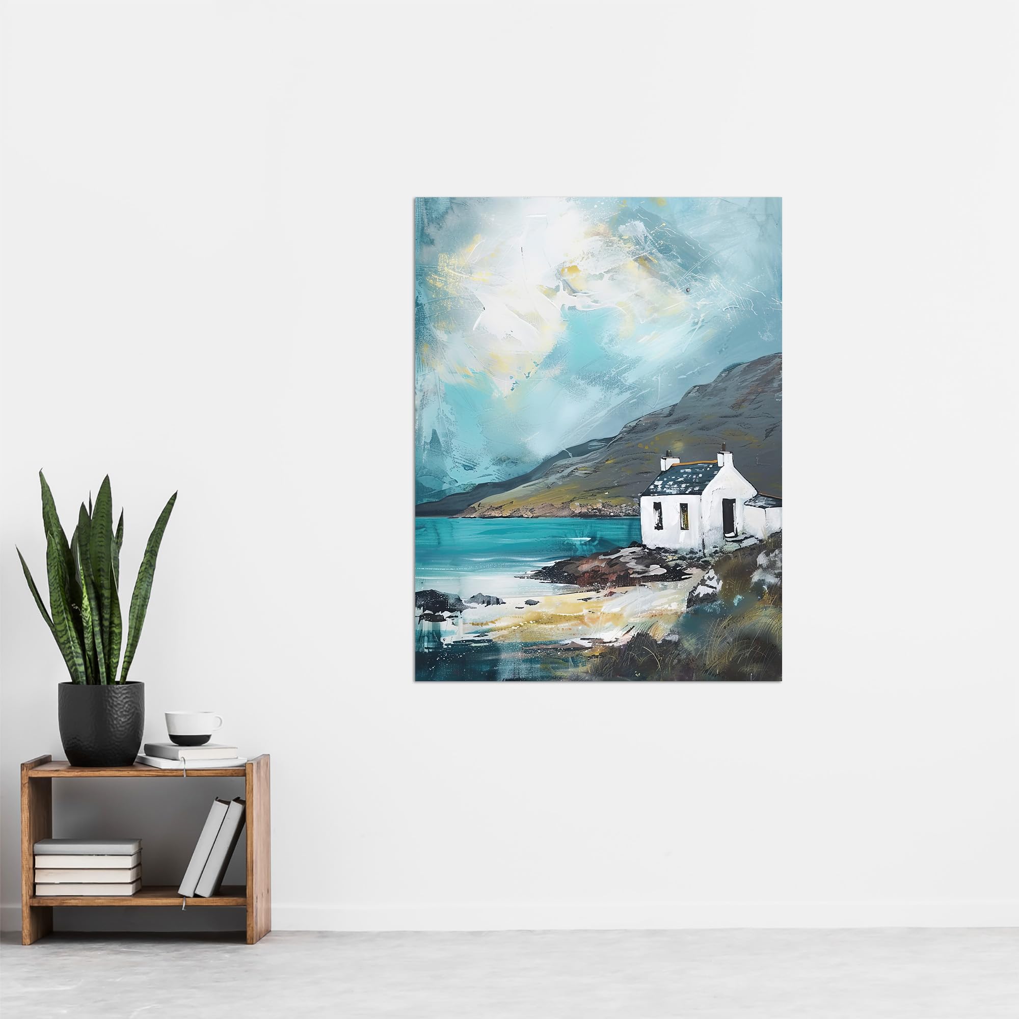 Artery8 White Scottish Cottage Loch Hills Oil Painting Living Room Extra Large XL Wall Art Poster Print, Unframed 24X32", 81L x 61W cm - Image 4