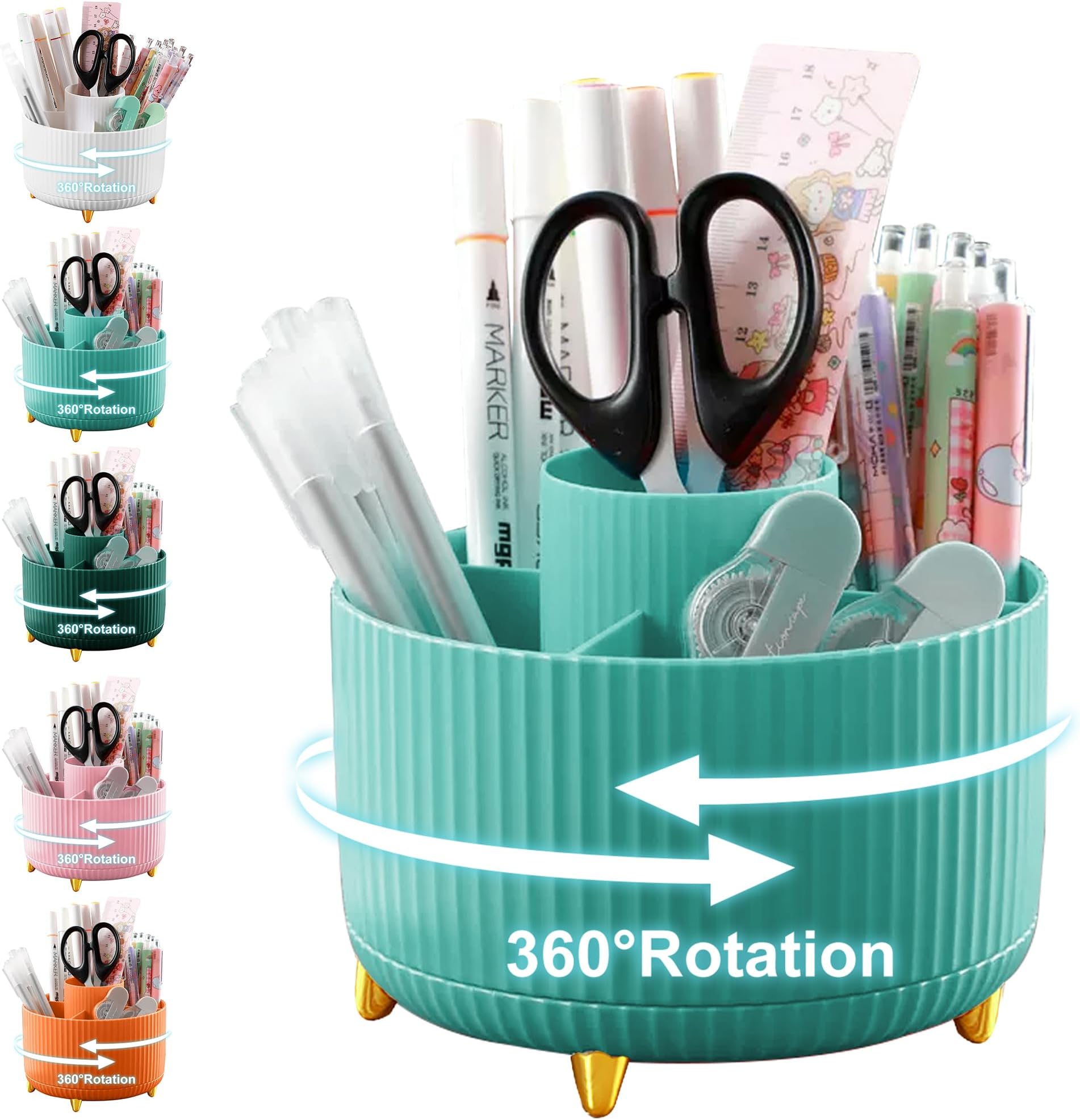 Pencil Holder For Desk,5 Slots 360ยฐDegree Rotating Desk Organizers And Accessories,Desktop Storage Stationery Supplies Organizer, Cute Pencil Cup Pot For Office, School, Home (C-Blue)