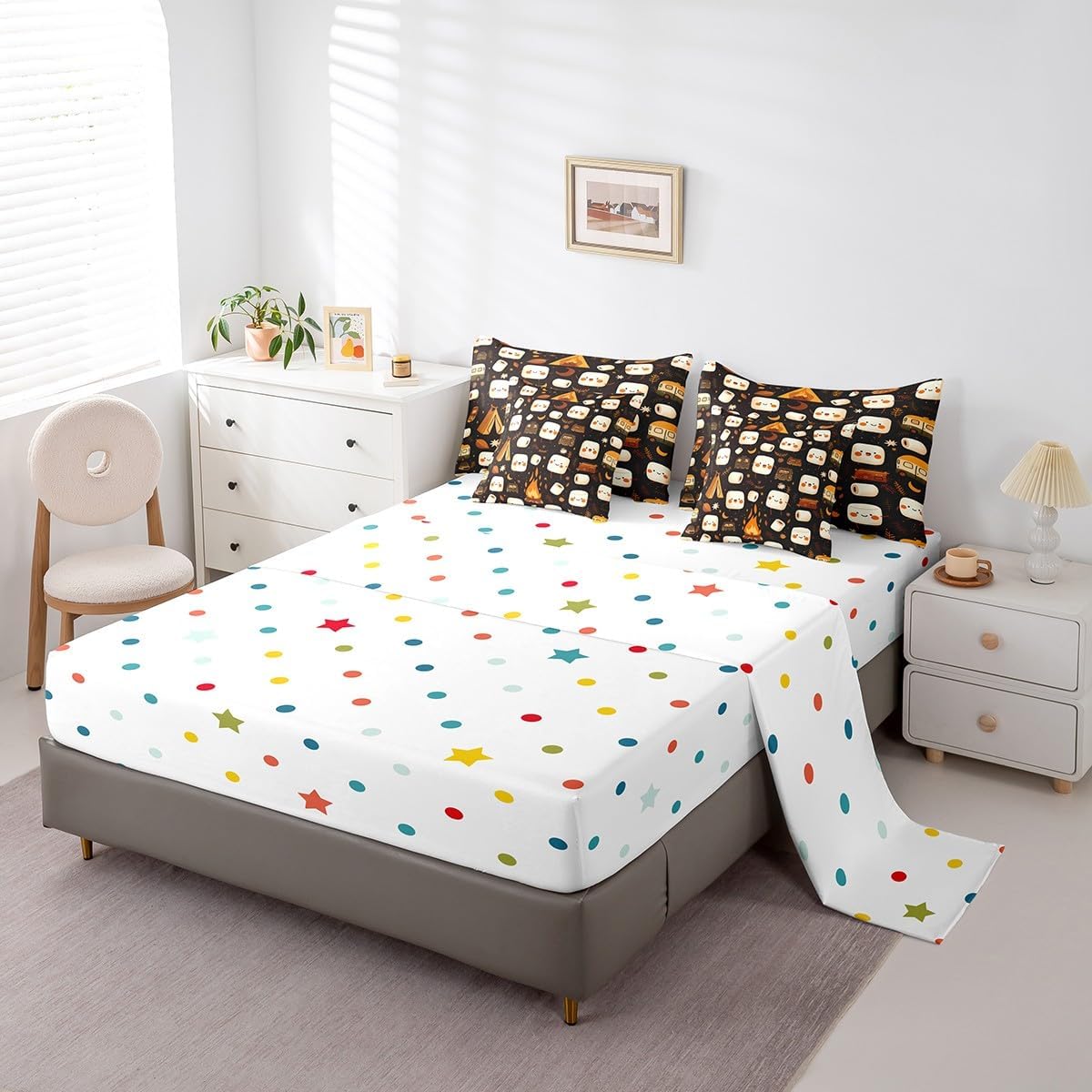 Feelyou Cute Marshmallow Comforter Set with Sheets Twin Size Kids Kawaii S'Mores Candy 7 Pieces Bedding Set for Boys Girls Teens Happy Camping Bed in a Bag Breathable Tent Fire Bed Set Travel