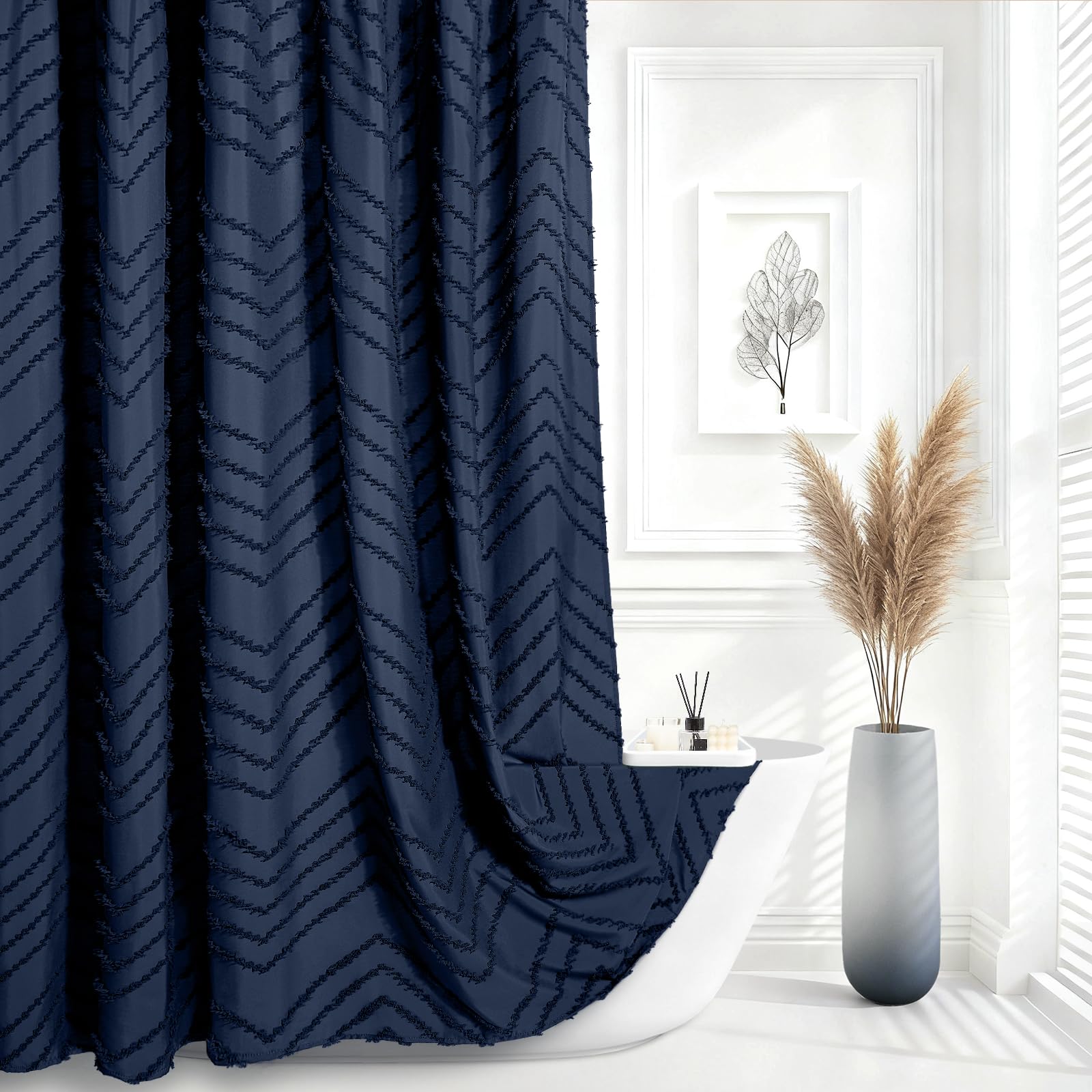 Navy Blue Boho Farmhouse Shower Curtain Fabric for Bathroom-Hotel Spa Grade, Textured Polyester Waterproof Cloth Curtains-Includes 12 Double-Sided Hooks, 72x72 Inches