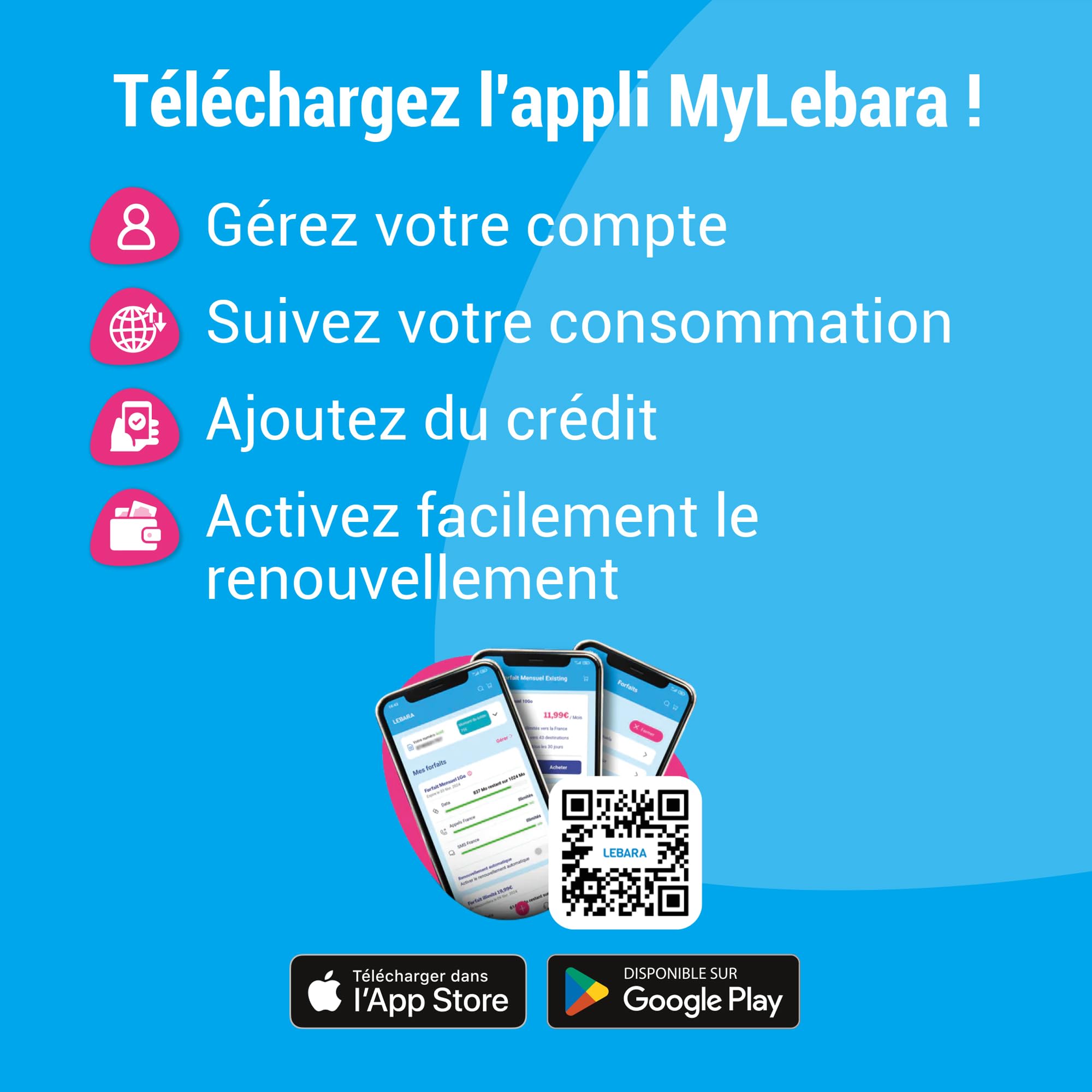 Lebara - Carte SIM Prépayée - 450 Go 5G sur Le Réseau SFR - Appels & SMS Illimités en France - Appels Illimités vers 60 Pays - 19 Go UE - sans Engagement - 30 Jours