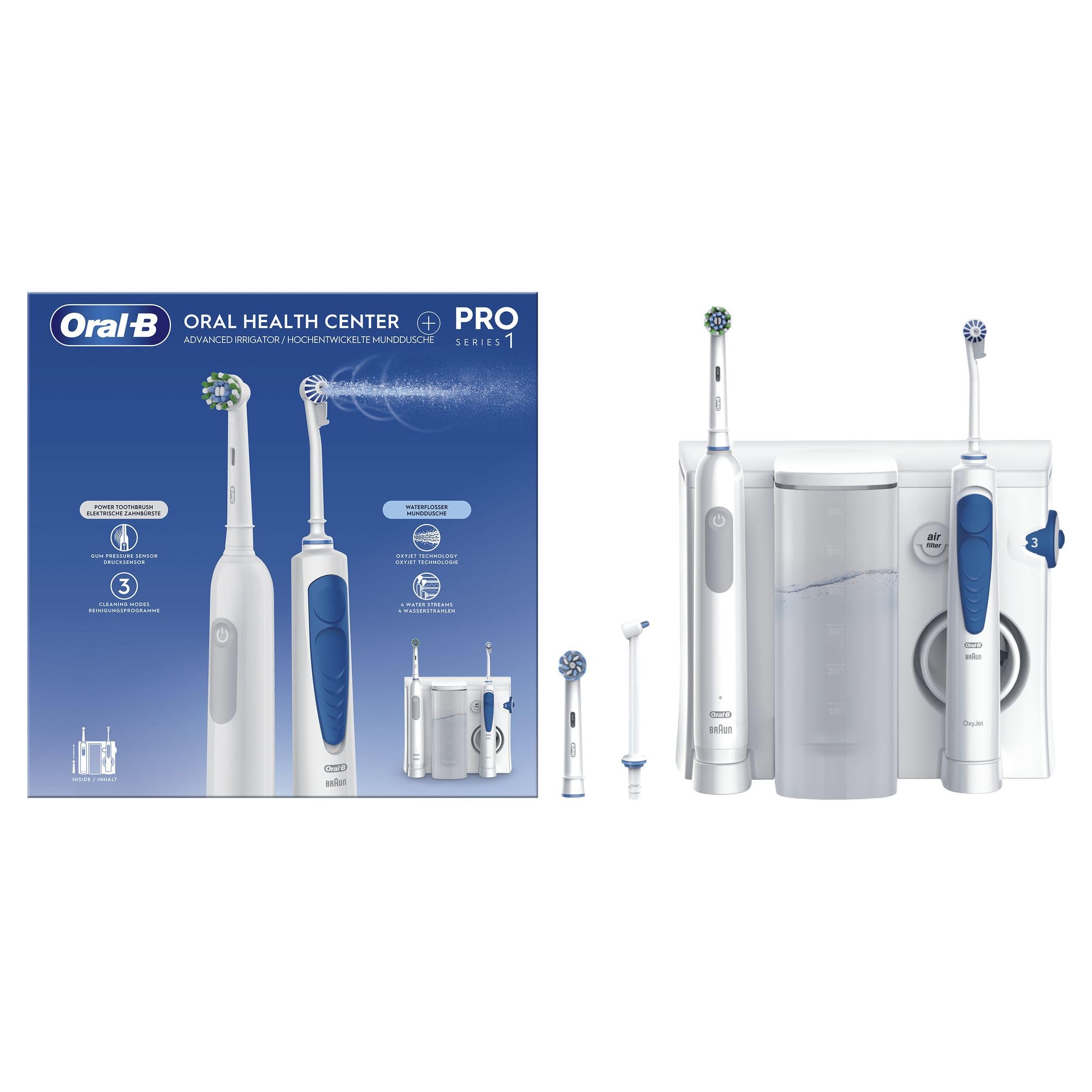 Oral-B Oral Health Center: Munddusche mit Oxyjet-Technologie + PRO Series Zahnbürste – 2 Ersatzdüsen, 2 Aufsteckbürsten, 3 Modi, weiß