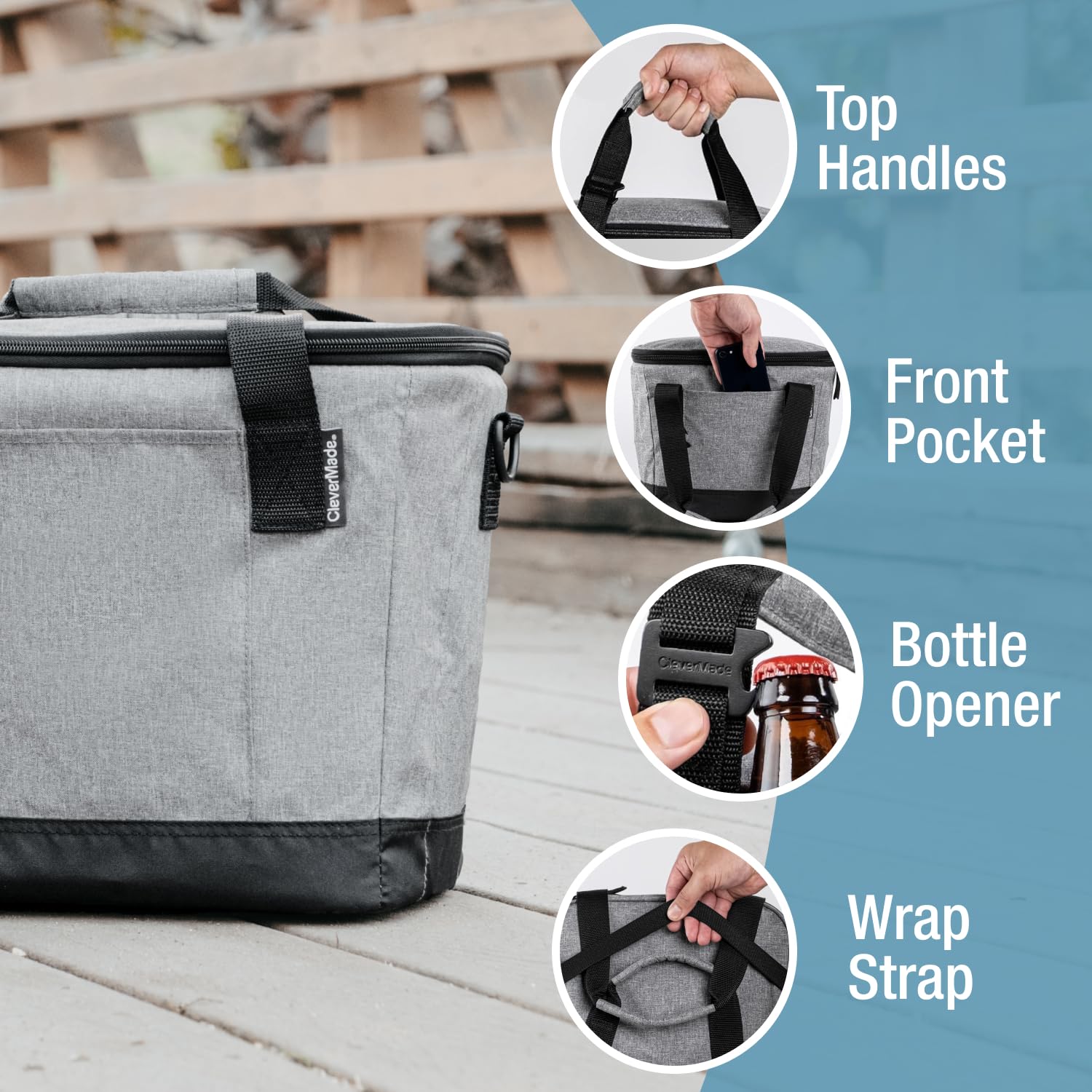 CleverMade Sac isotherme pliable, 30 canettes de plage et de voyage, glacière souple pliable, bandoulière, décapsuleur, excellent refroidisseur de voiture pour les voyages, sac isotherme étanche CleverMade Sac isotherme pliable, 30 canettes de plage et de voyage, glacière souple pliable, bandoulière, décapsuleur, excellent refroidisseur de voiture pour les voyages, sac isotherme étanche