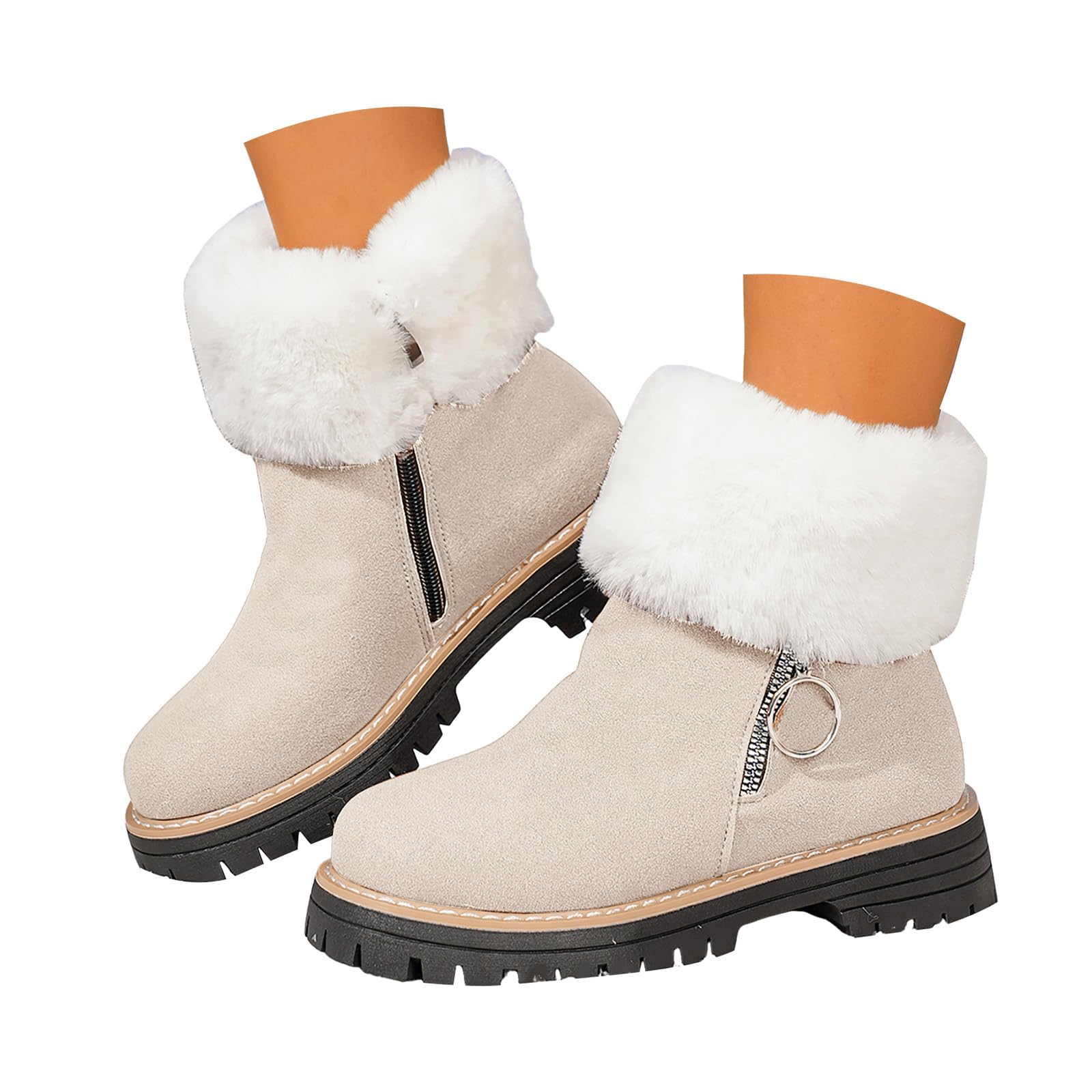 Snow Boots for Women Short Suede Winter Boots for Women Fashion Fur Collar Folded Lug Sole Side Zipper