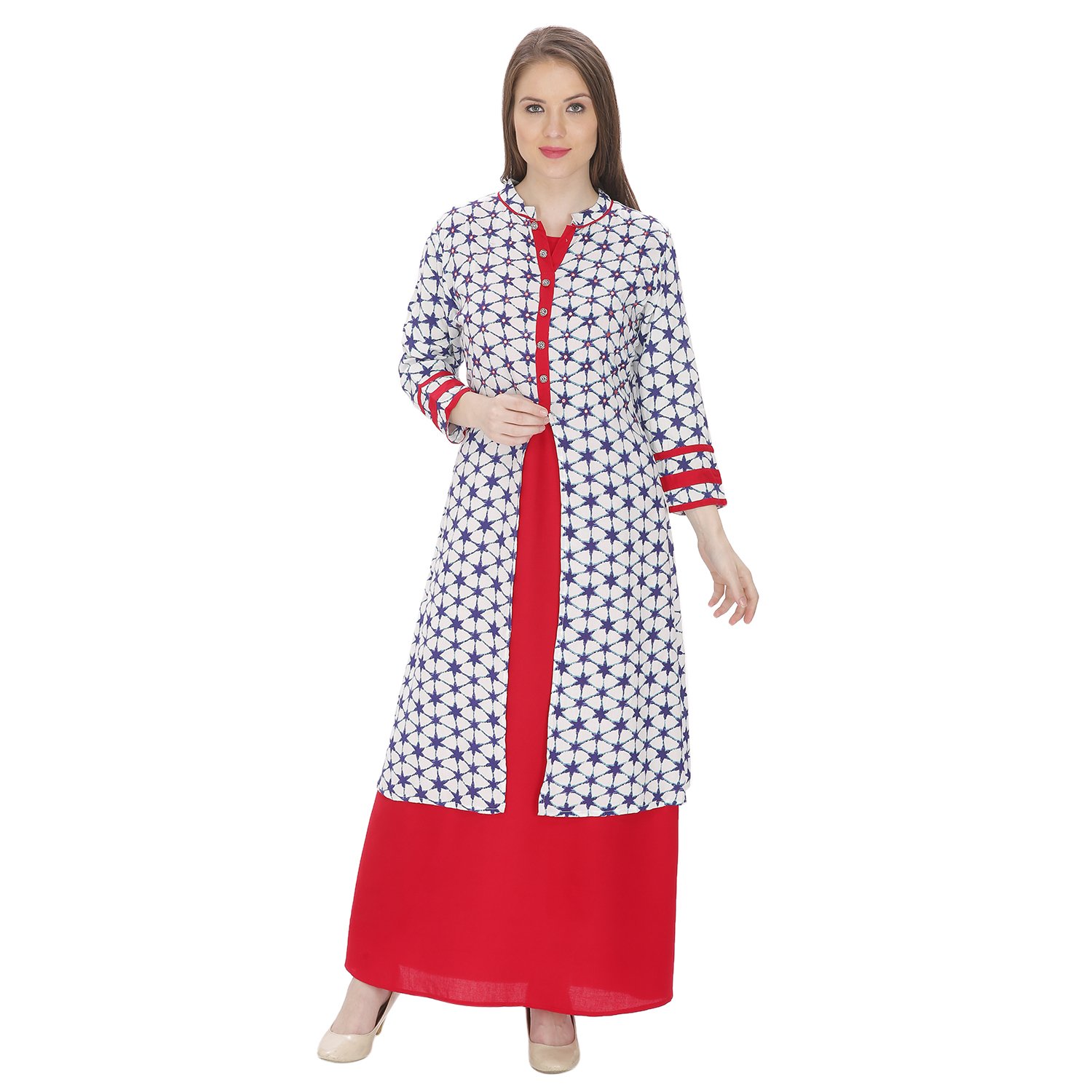 PurpliciousRed and Grey Mirror Work Floor Lenth Dress