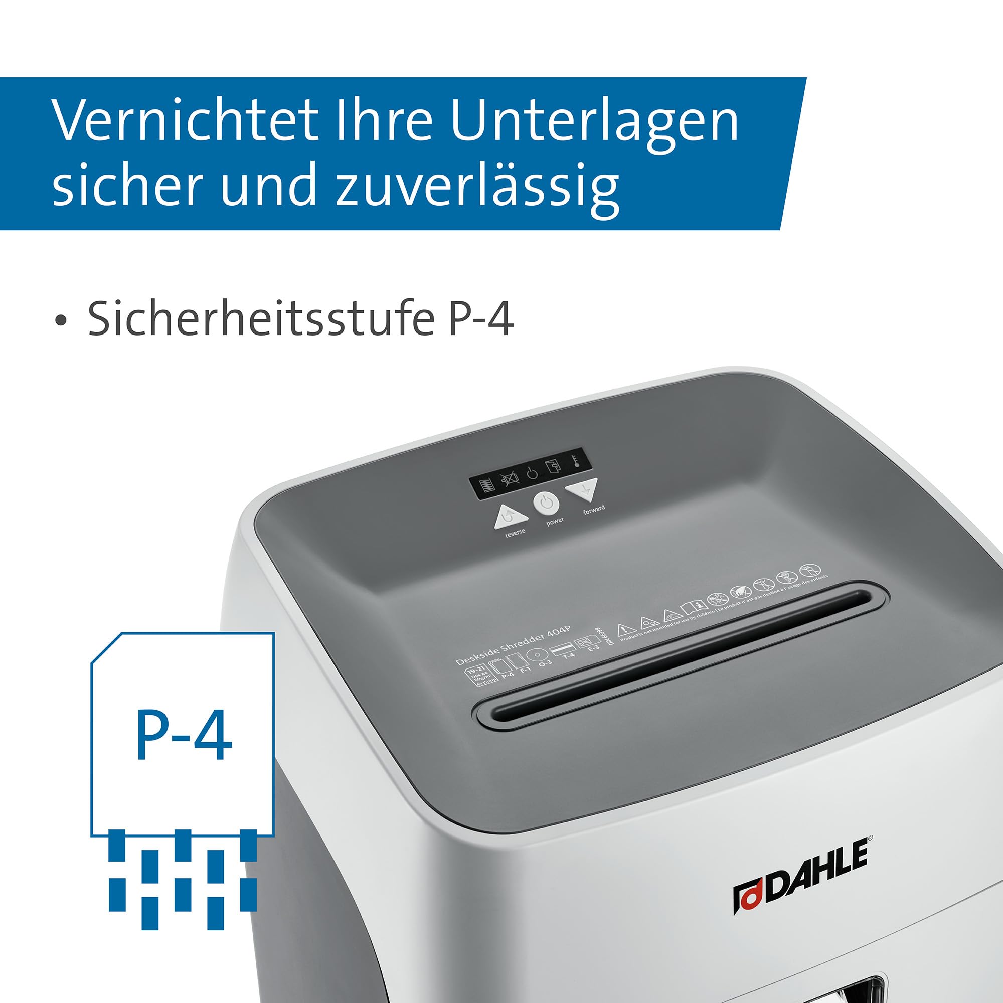Dahle Deskside 404P - Distruggidocumenti ad alte prestazioni, 40 l, livello di sicurezza P-4, resistenti rulli in acciaio composito, senza olio e manutenzione, 19-21 fogli