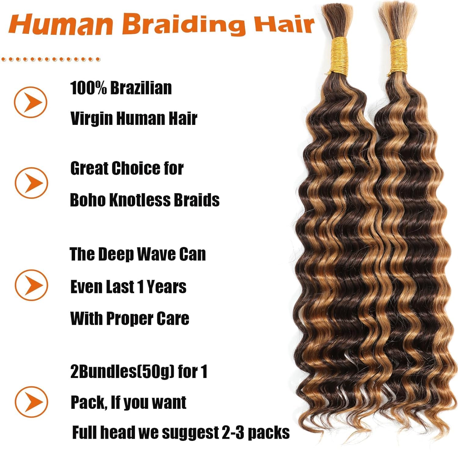 Ombre Braiding Hair 100g 20 Inch Deep Water Wave 2 Bundle Bulk Human Hair for Braiding 10A Brazilian Virgin Highlight Curly Hair Extensions for Boho Braids Wet and Wavy Honey Blonde Braiding Hair - Image 2