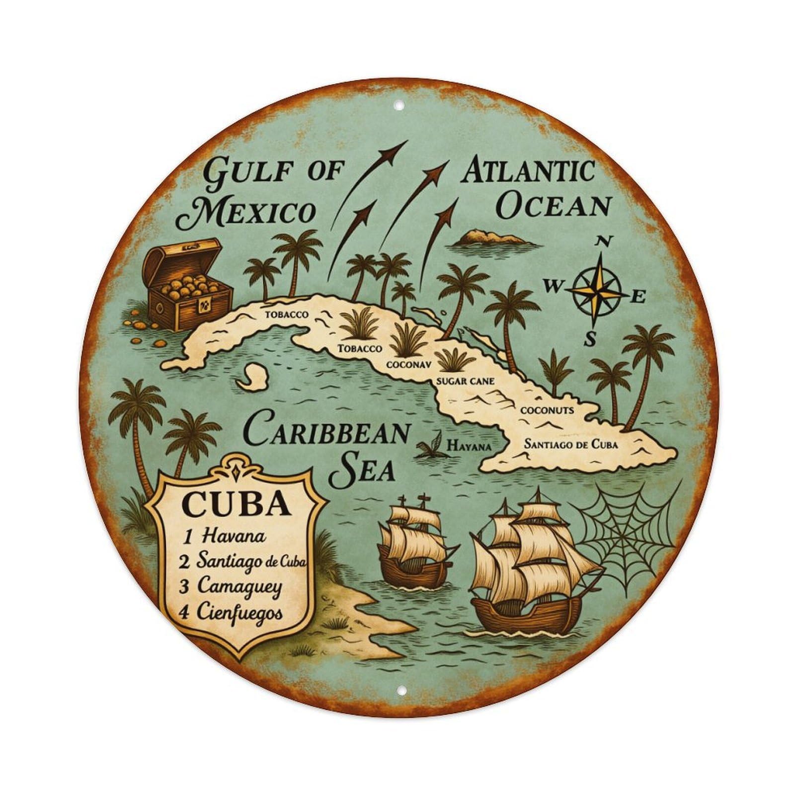 Cuba Map Pirate Treasure Island Round Tin Sign Vintage Metal Poster, Home Bar Garage Man Cave Cafe Indoor & Outdoor Wall Decoration 8x8Inches