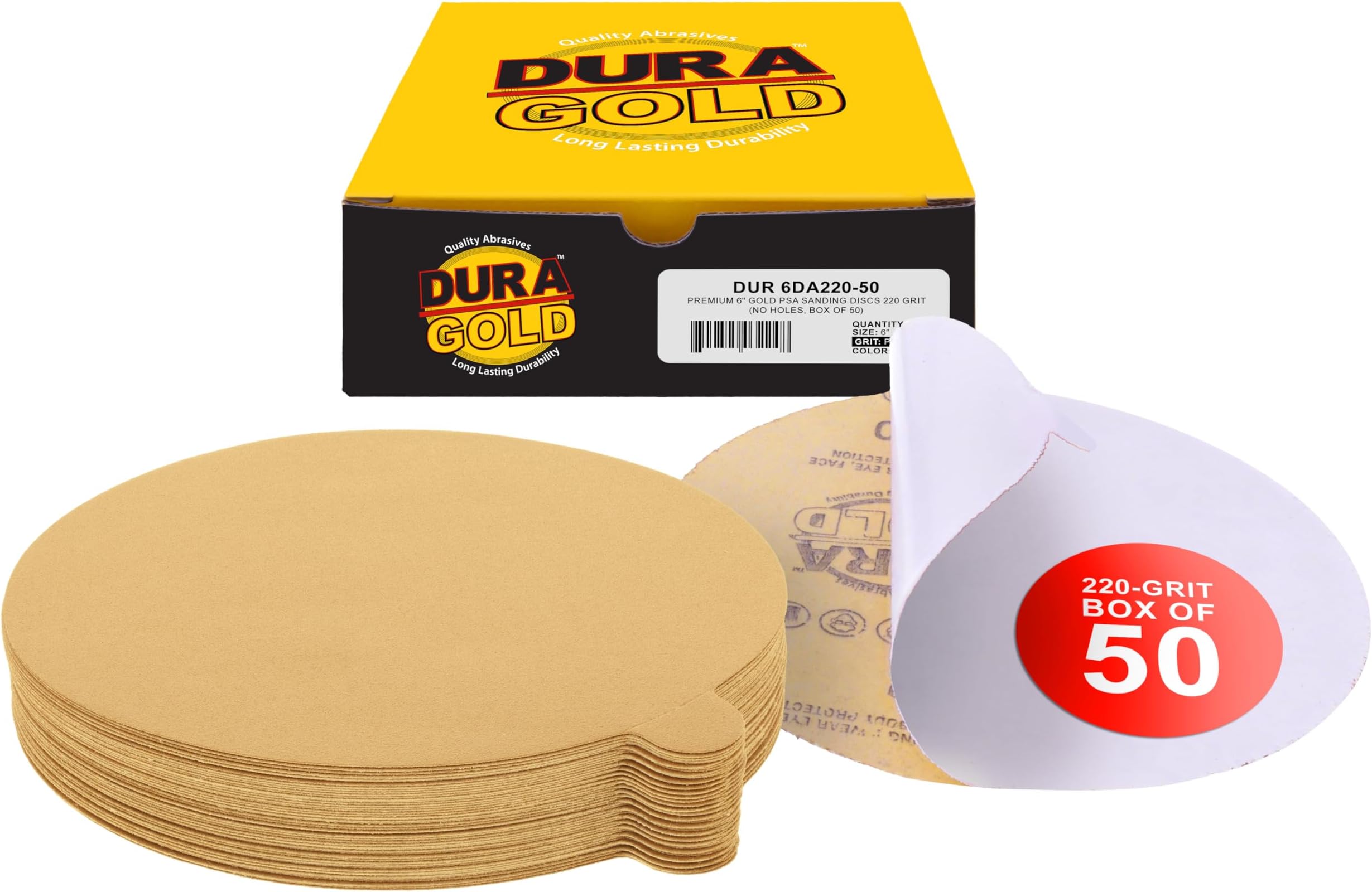Premium 6" Gold PSA Sanding Discs - 220 Grit, Box of 50 - Self Adhesive Stickyback Sandpaper for DA Sander, Finishing Coarse-Cut Abrasive - Sand Automotive Car Paint, Woodworking Wood, Metal