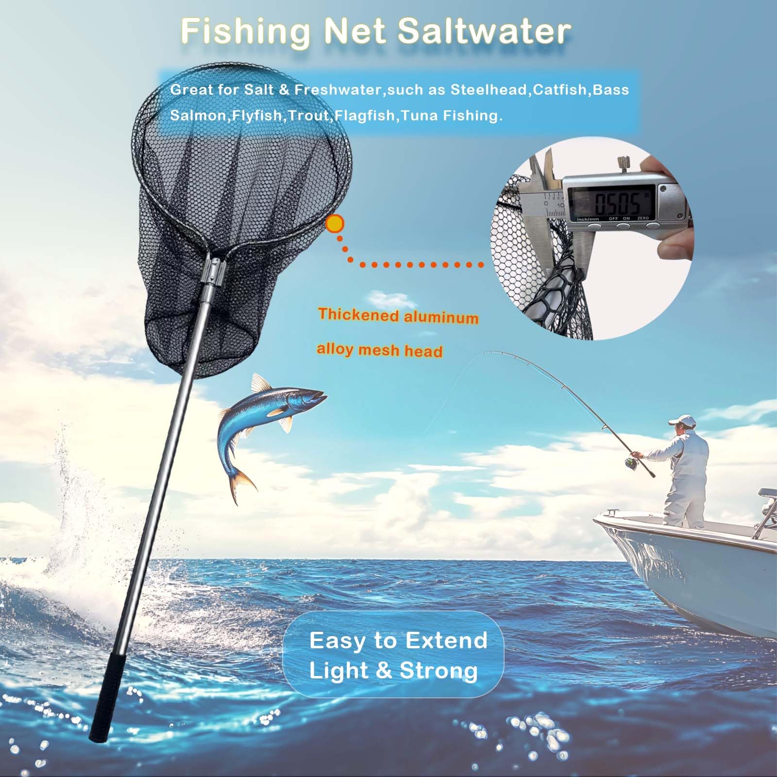 Heavy Duty Fishing Landing Net, Extendable Aluminum Telescoping Pole (70-102 in) 37in Deep Net for Saltwater Fishing : Sports & Outdoors