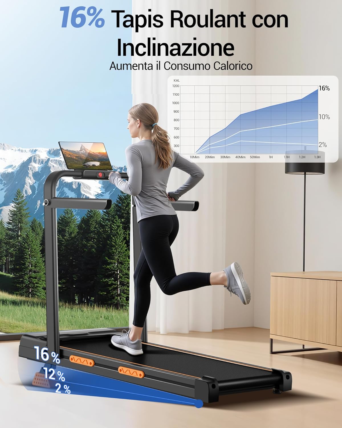 UMAY Treadmill with a visual representation of 16% incline and its effect on calorie consumption.