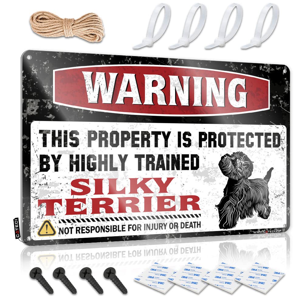 BRUNTELO Home Decor Men Warning This Property Is Protected By A Highly Trained Silky Terrier Tin Sign Room Signs For Bedroom Backyard Bar Sign(30X40CM)