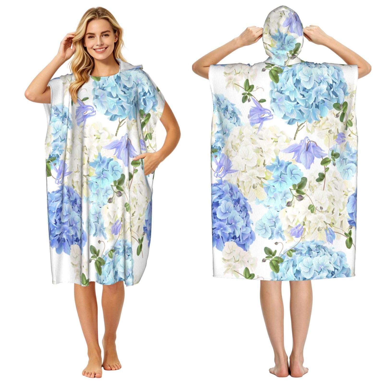 Poadnly Flowers Hydrangea White Navy Blue Gradient, Adult Hooded Beach Towel 90 x 110 cm,Changing Bath Robe, Surf Poncho Towel For Women Men
